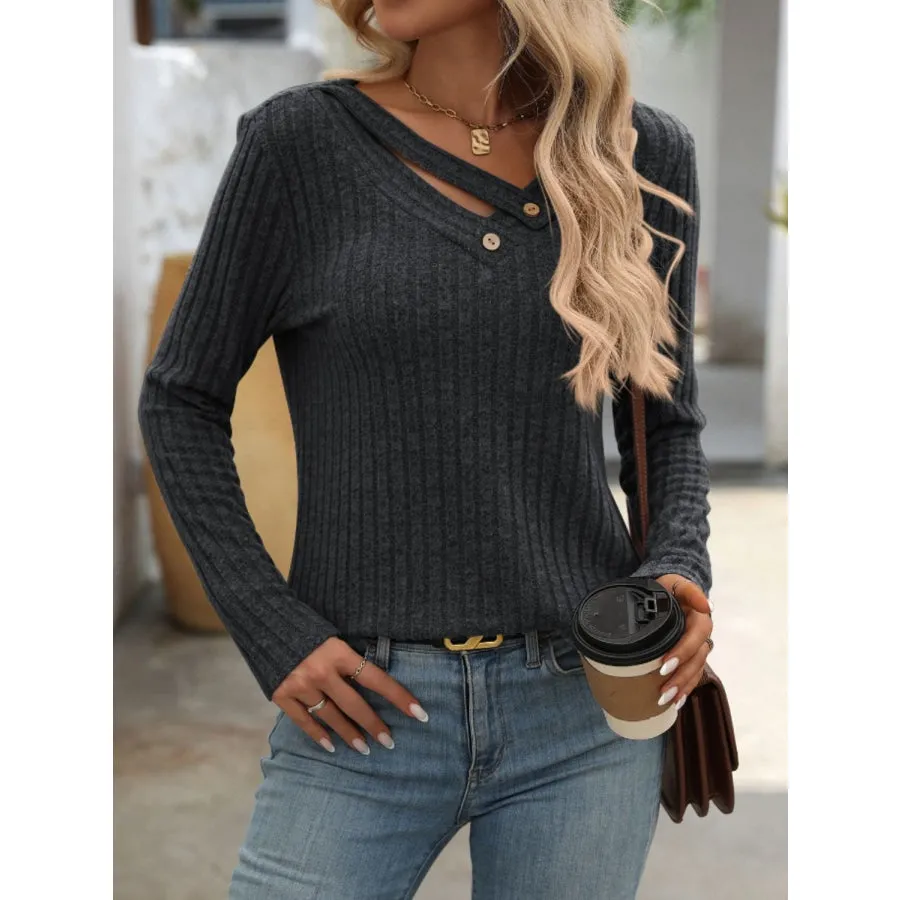 Ribbed V-Neck Long Sleeve T-Shirt