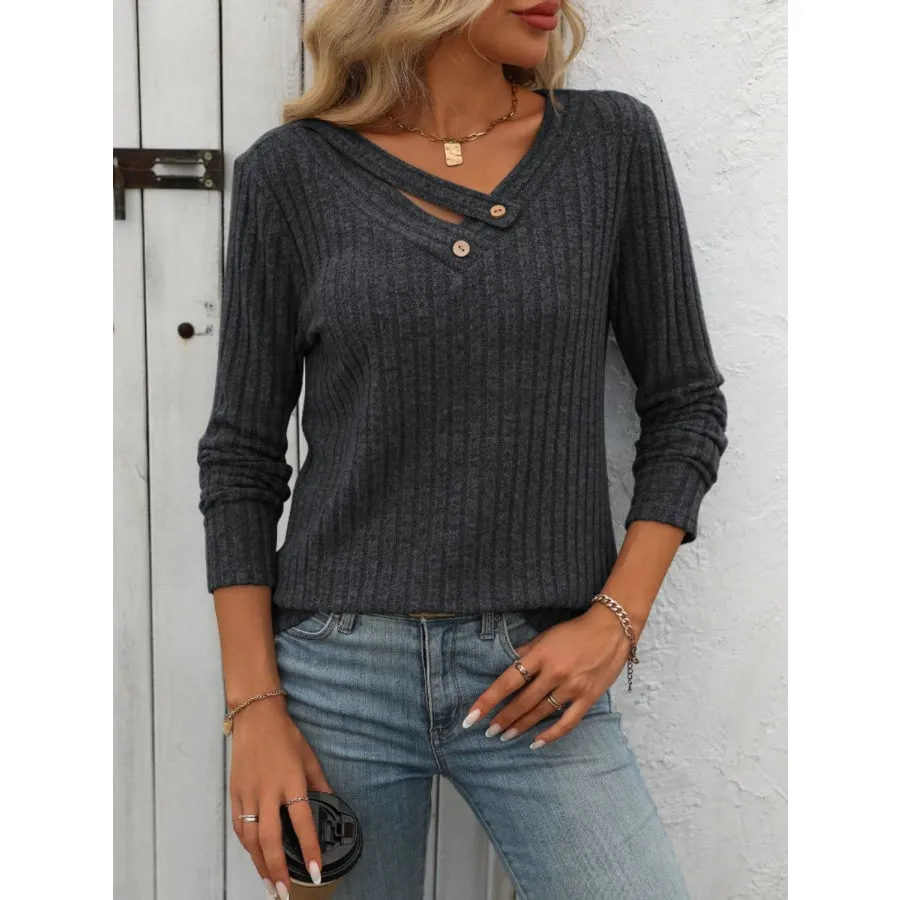 Ribbed V-Neck Long Sleeve T-Shirt