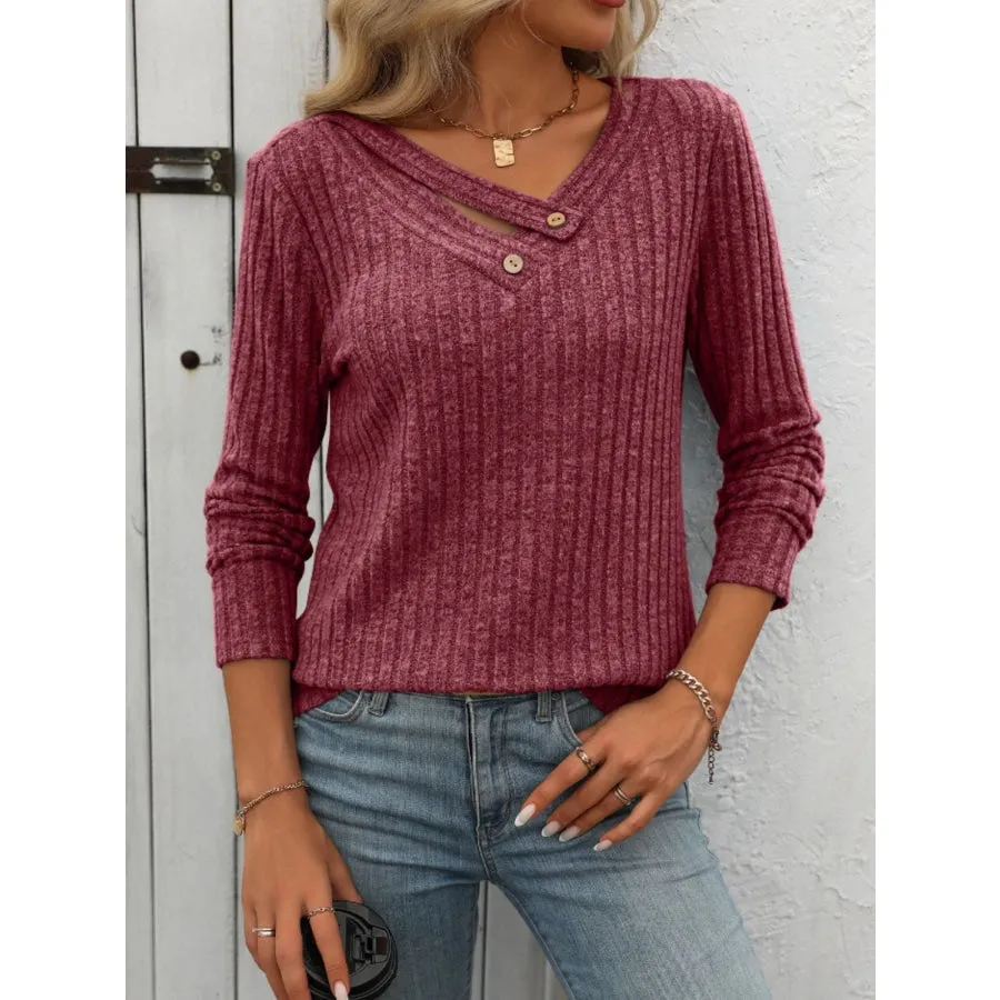 Ribbed V-Neck Long Sleeve T-Shirt