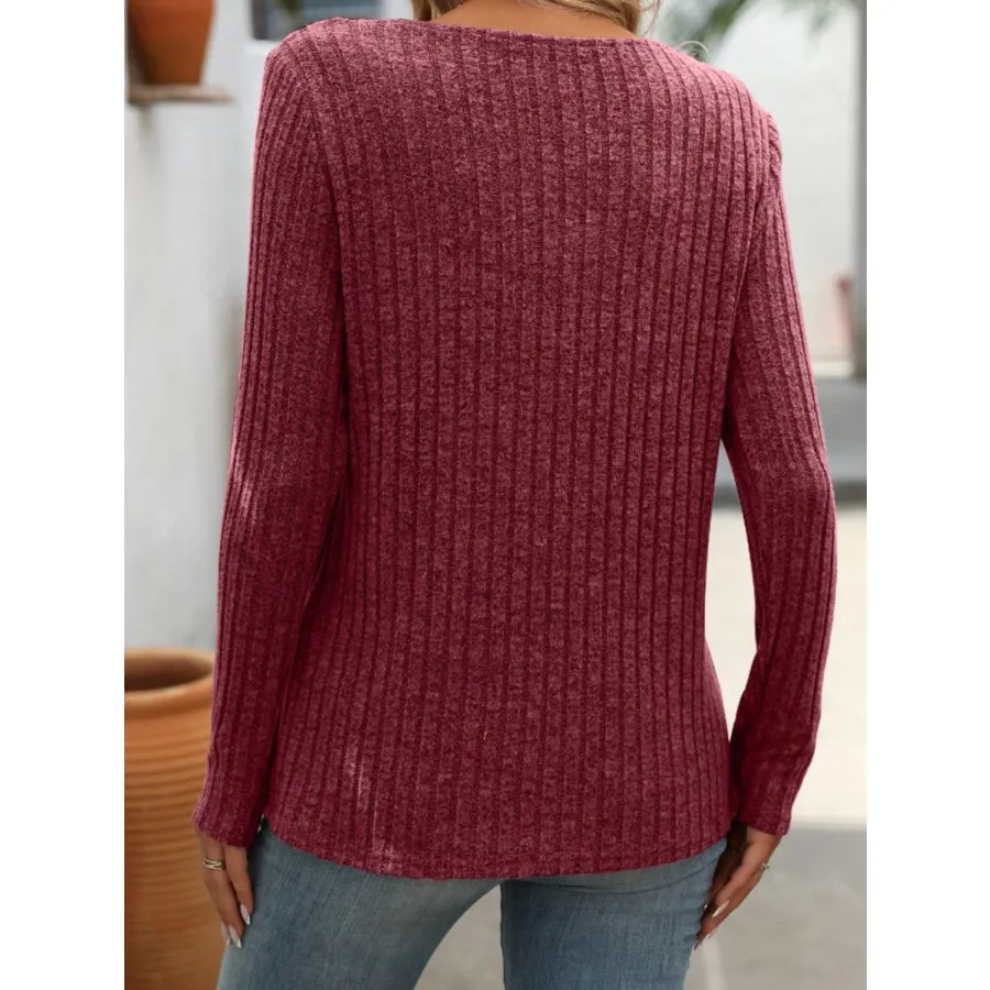 Ribbed V-Neck Long Sleeve T-Shirt