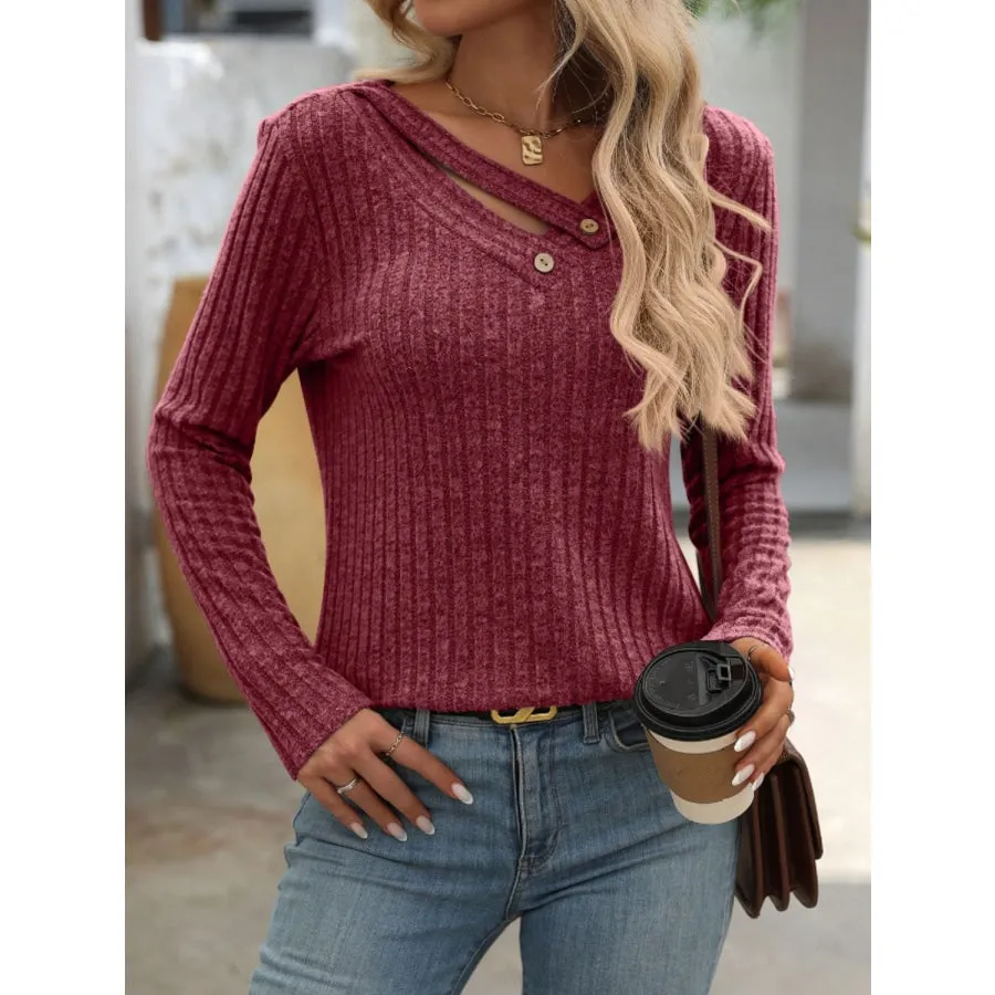 Ribbed V-Neck Long Sleeve T-Shirt