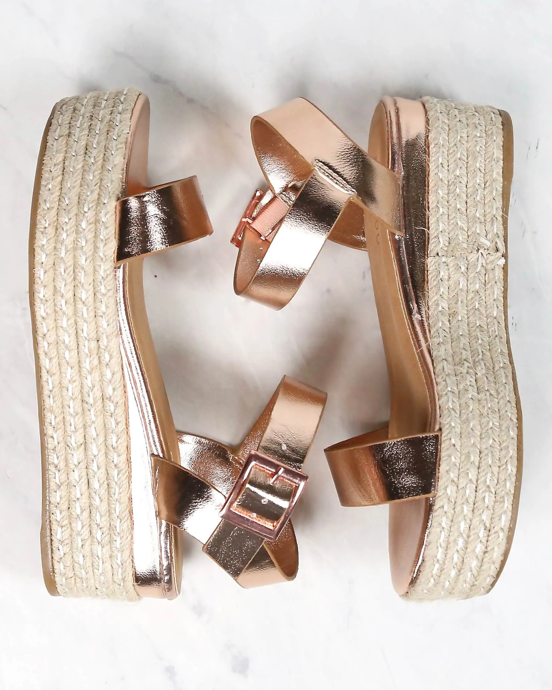 Rose Gold Metallic Vegan PU Leather Single Band Espadrilles Platform Sandal with Ankle Strap