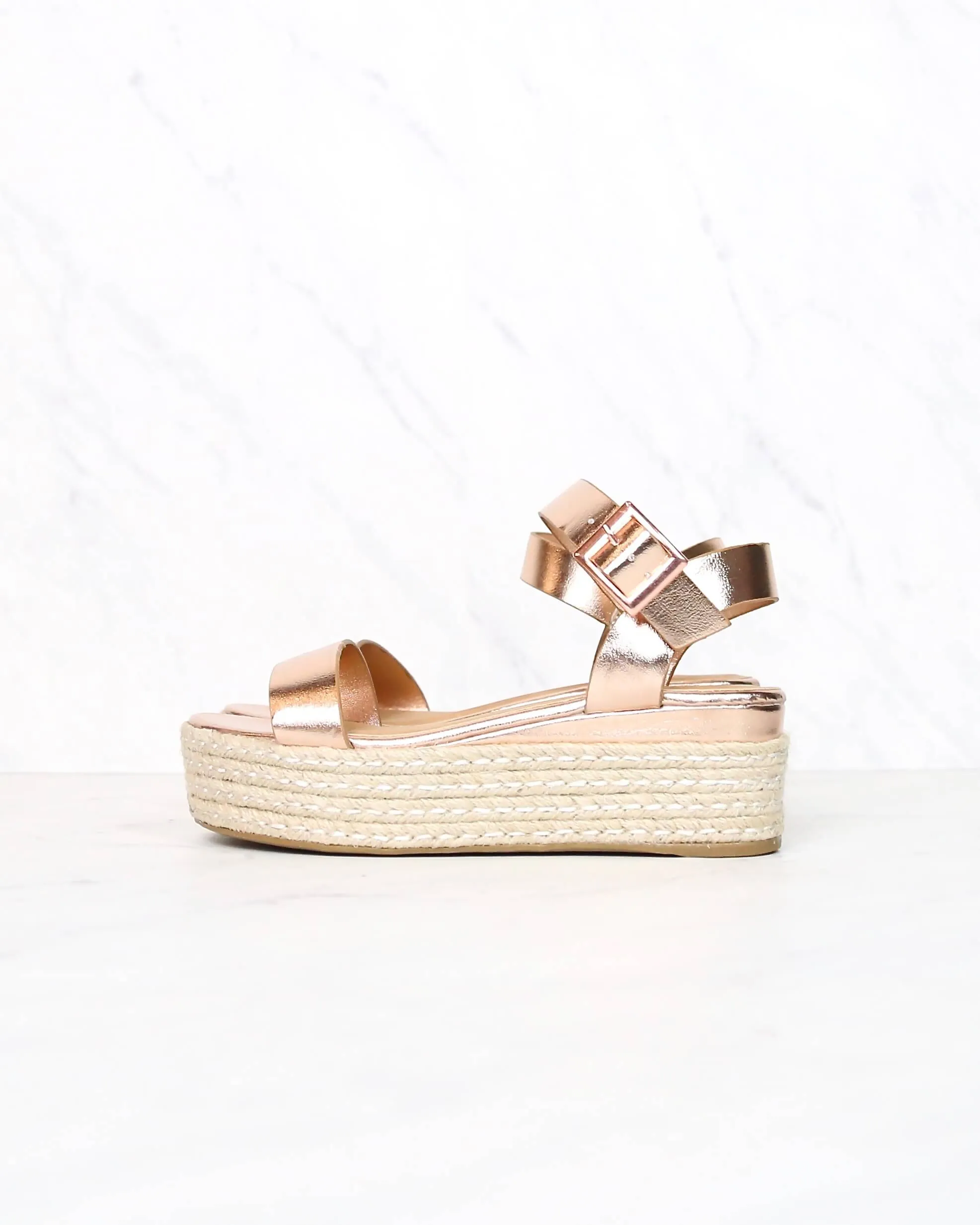 Rose Gold Metallic Vegan PU Leather Single Band Espadrilles Platform Sandal with Ankle Strap