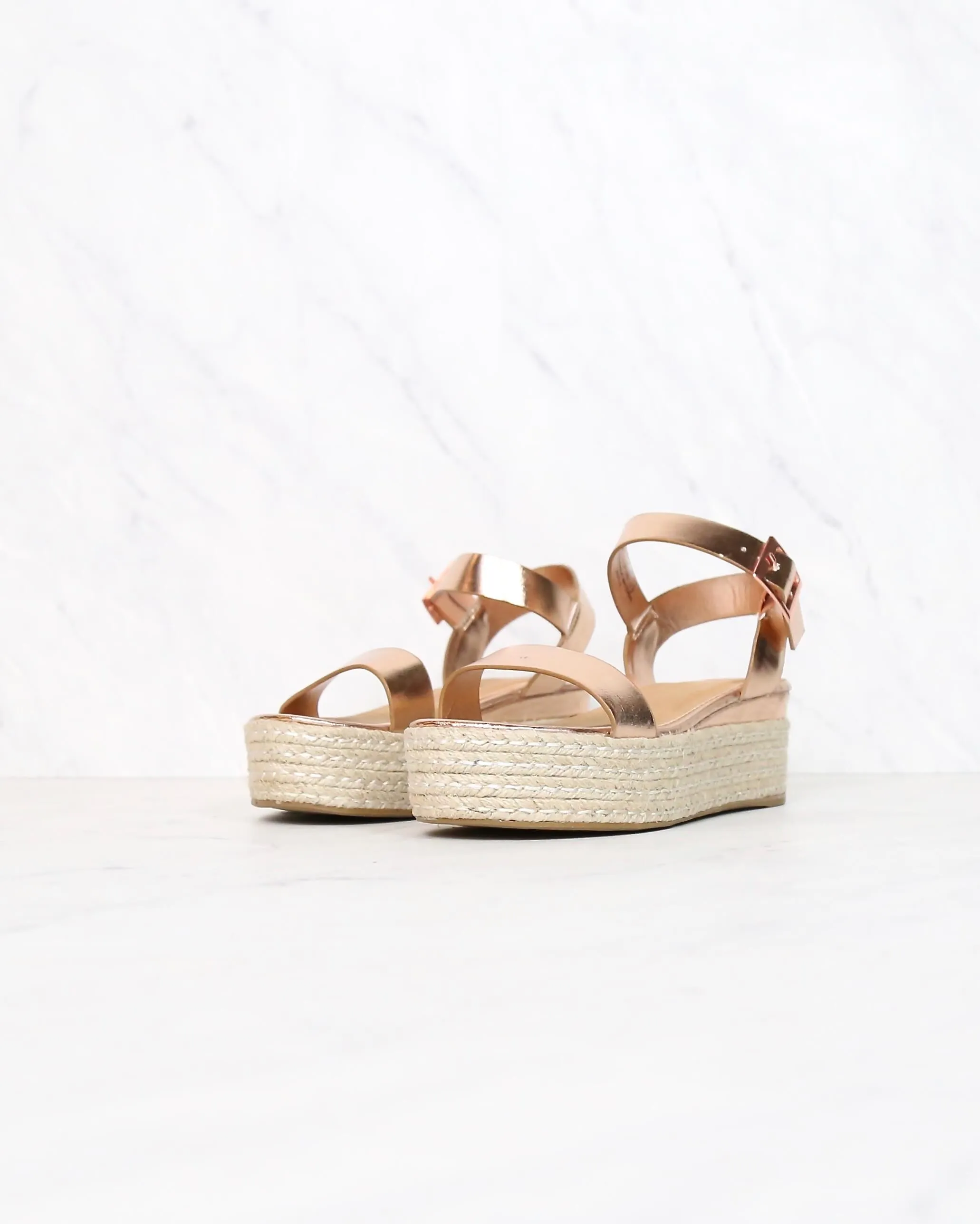 Rose Gold Metallic Vegan PU Leather Single Band Espadrilles Platform Sandal with Ankle Strap