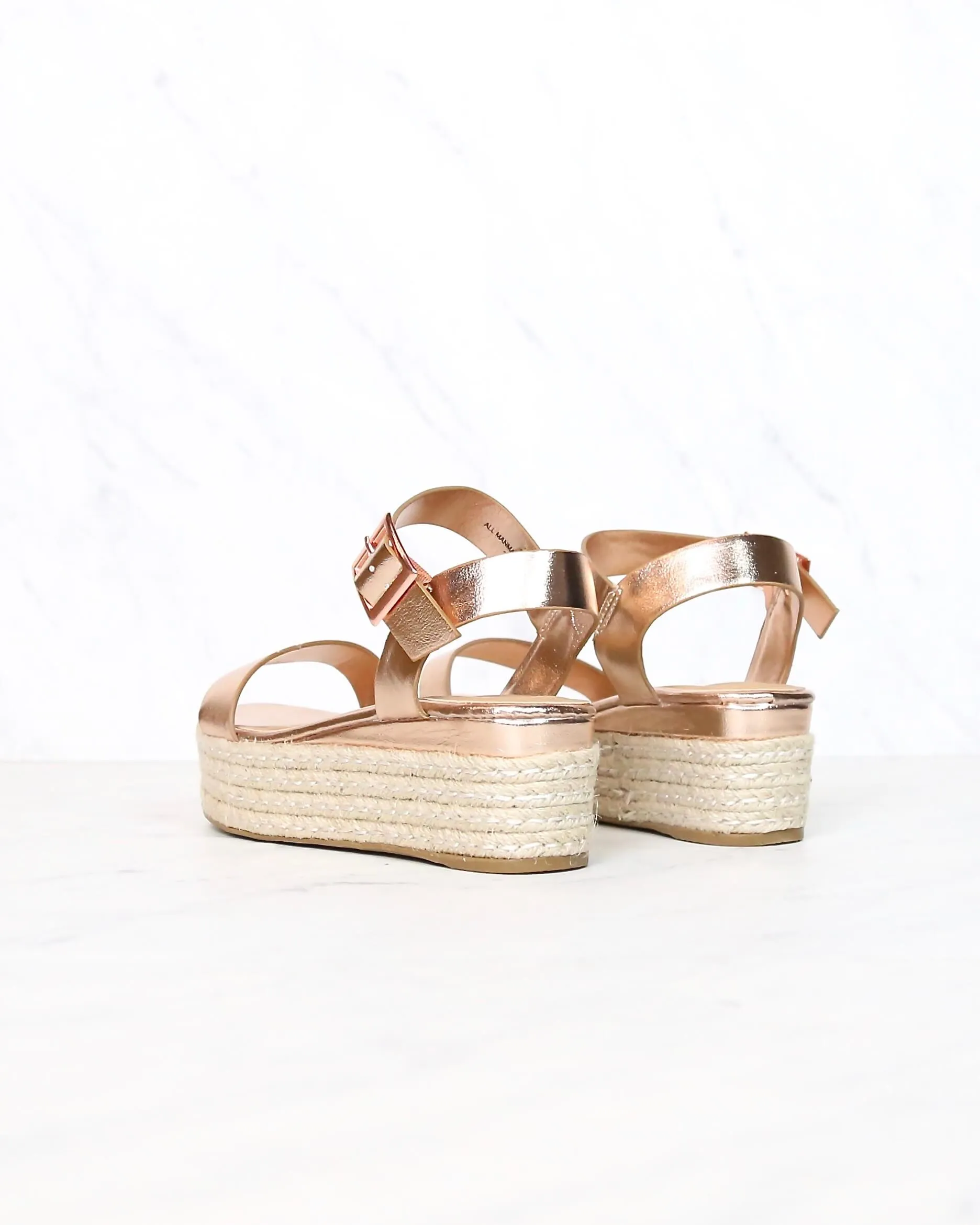 Rose Gold Metallic Vegan PU Leather Single Band Espadrilles Platform Sandal with Ankle Strap