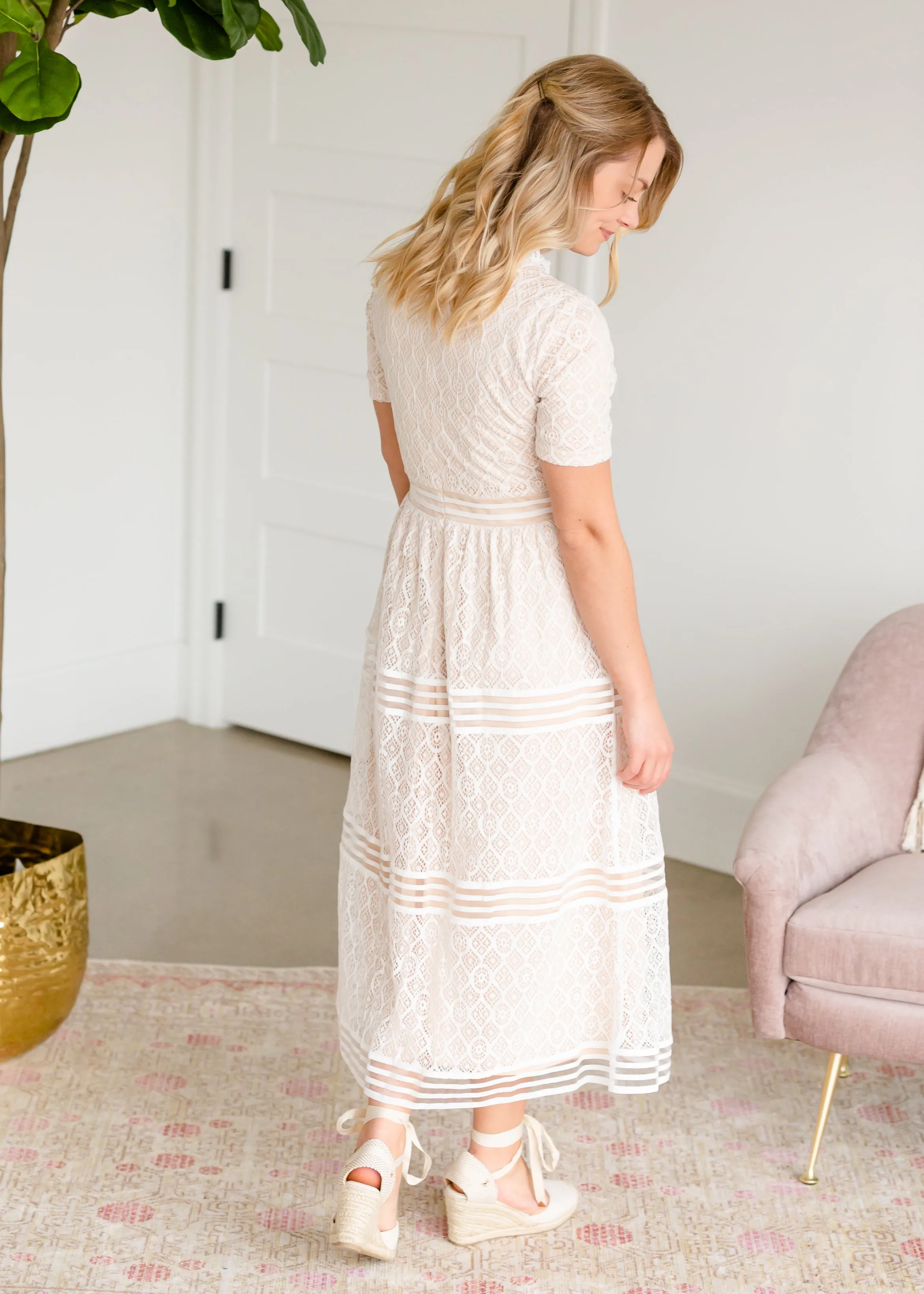 Ruffle Neck Ivory Lace Tiered Midi Dress - FINAL SALE