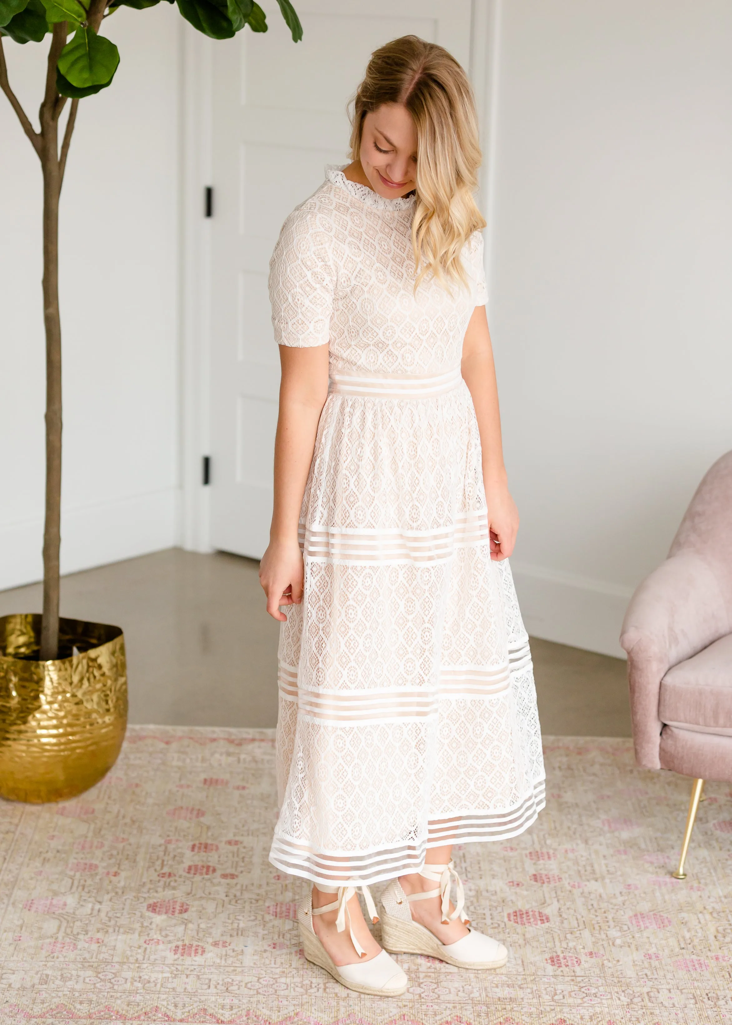 Ruffle Neck Ivory Lace Tiered Midi Dress - FINAL SALE