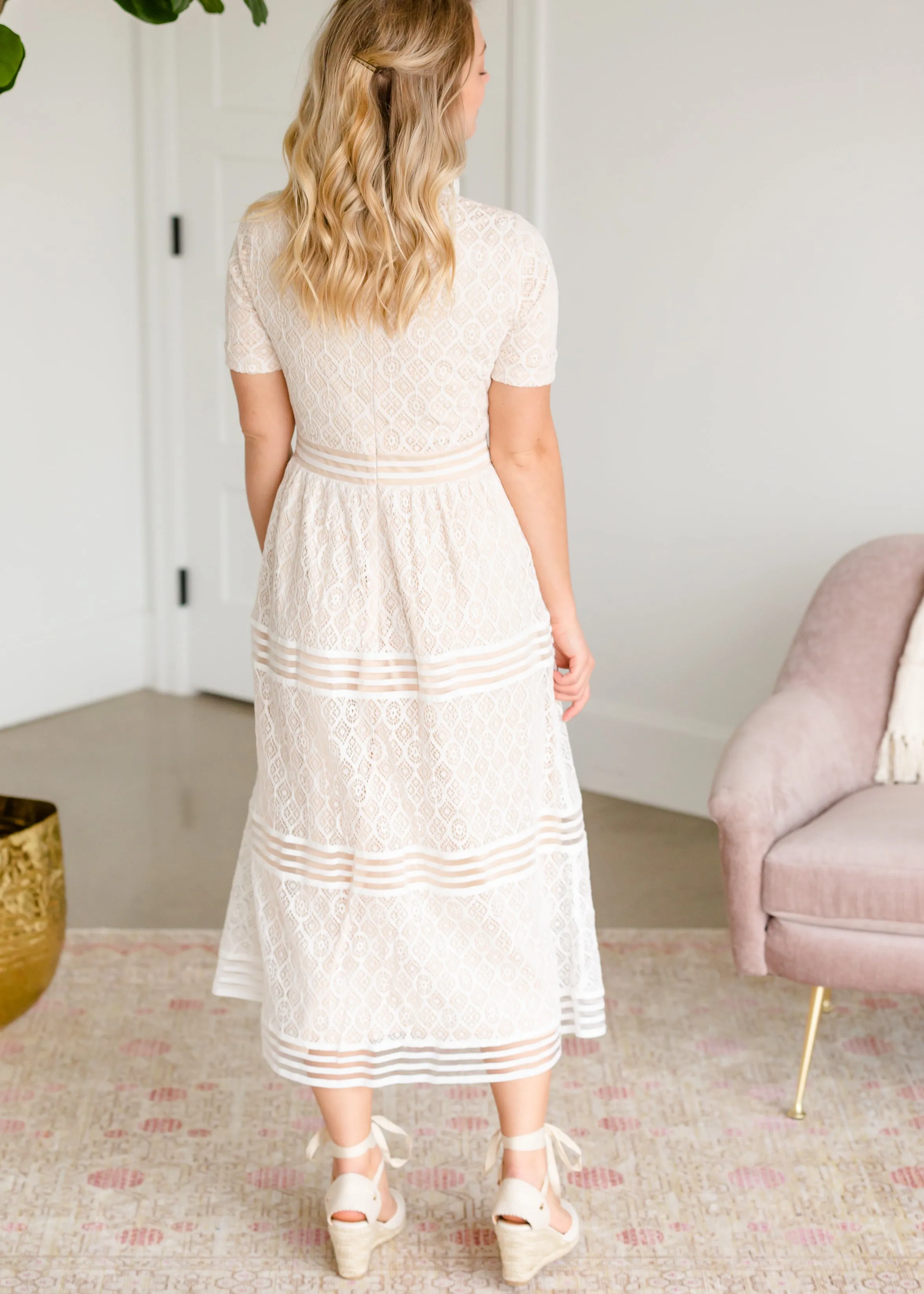 Ruffle Neck Ivory Lace Tiered Midi Dress - FINAL SALE