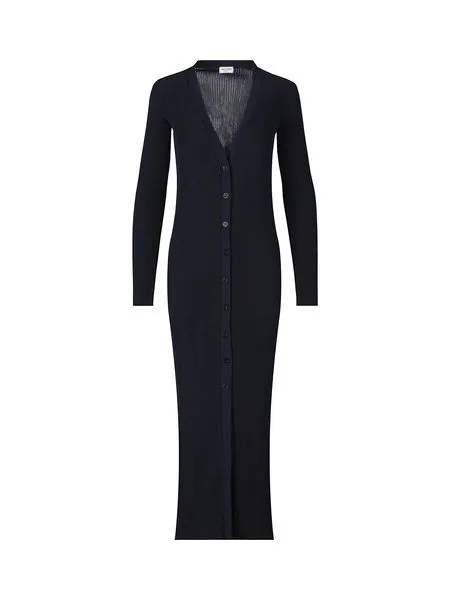 SAINT LAURENT Long Blue Ribbed Viscose Knit Cardigan Dress for Women