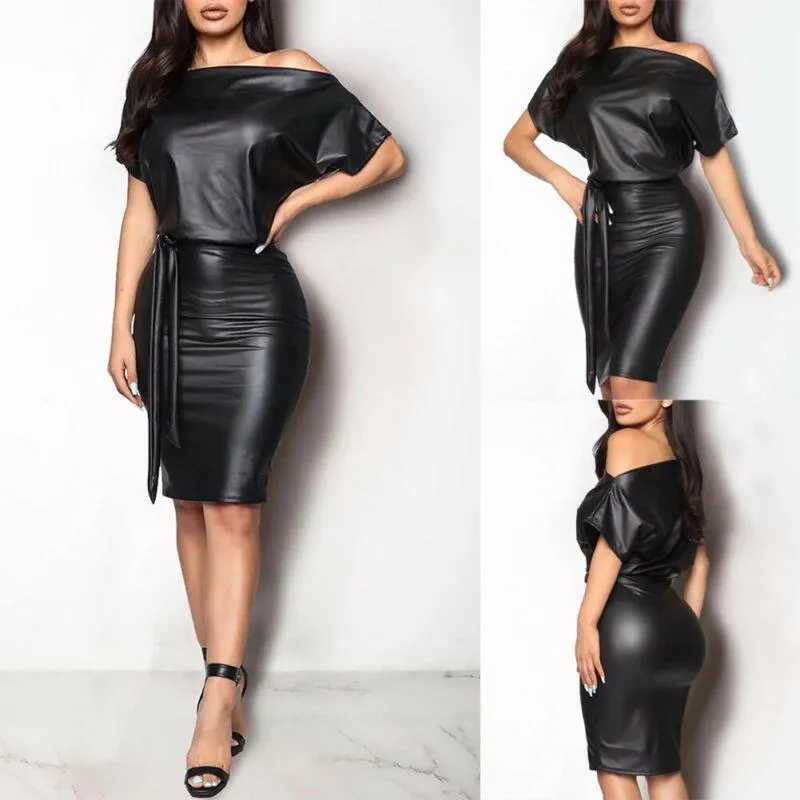 Sexy PU Leather Dress Elegant Formal Party Office Lady Midi Dress