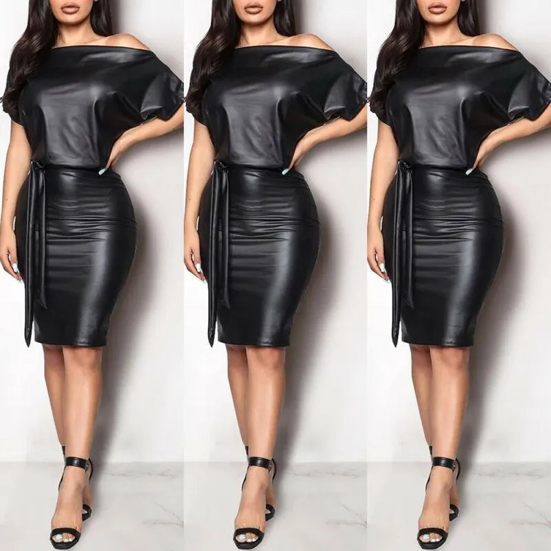 Sexy PU Leather Dress Elegant Formal Party Office Lady Midi Dress