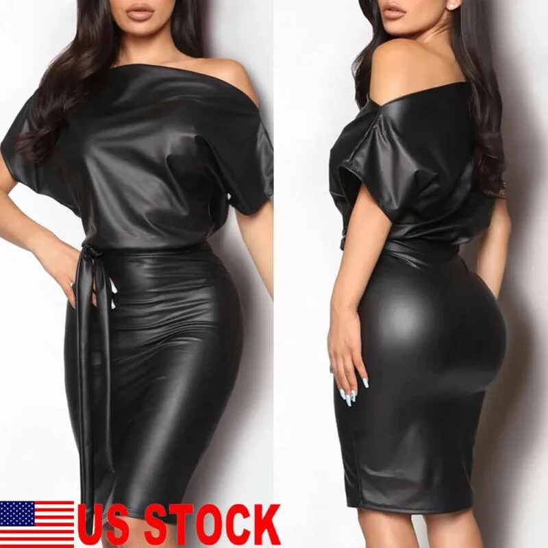 Sexy PU Leather Dress Elegant Formal Party Office Lady Midi Dress