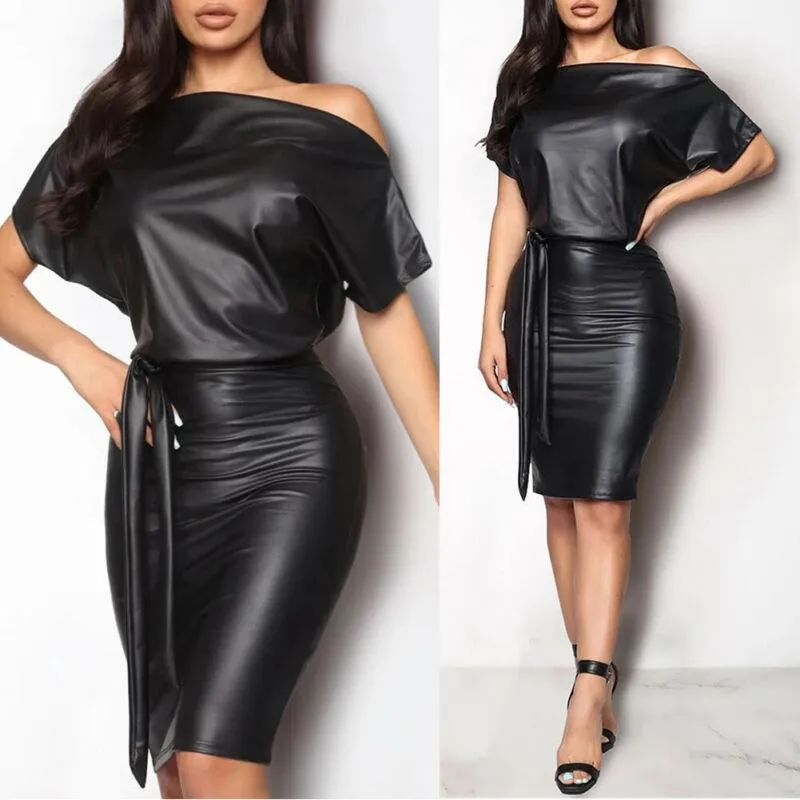 Sexy PU Leather Dress Elegant Formal Party Office Lady Midi Dress