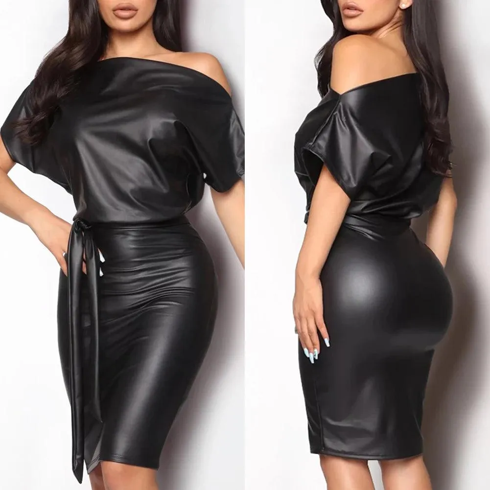 Sexy PU Leather Dress Elegant Formal Party Office Lady Midi Dress