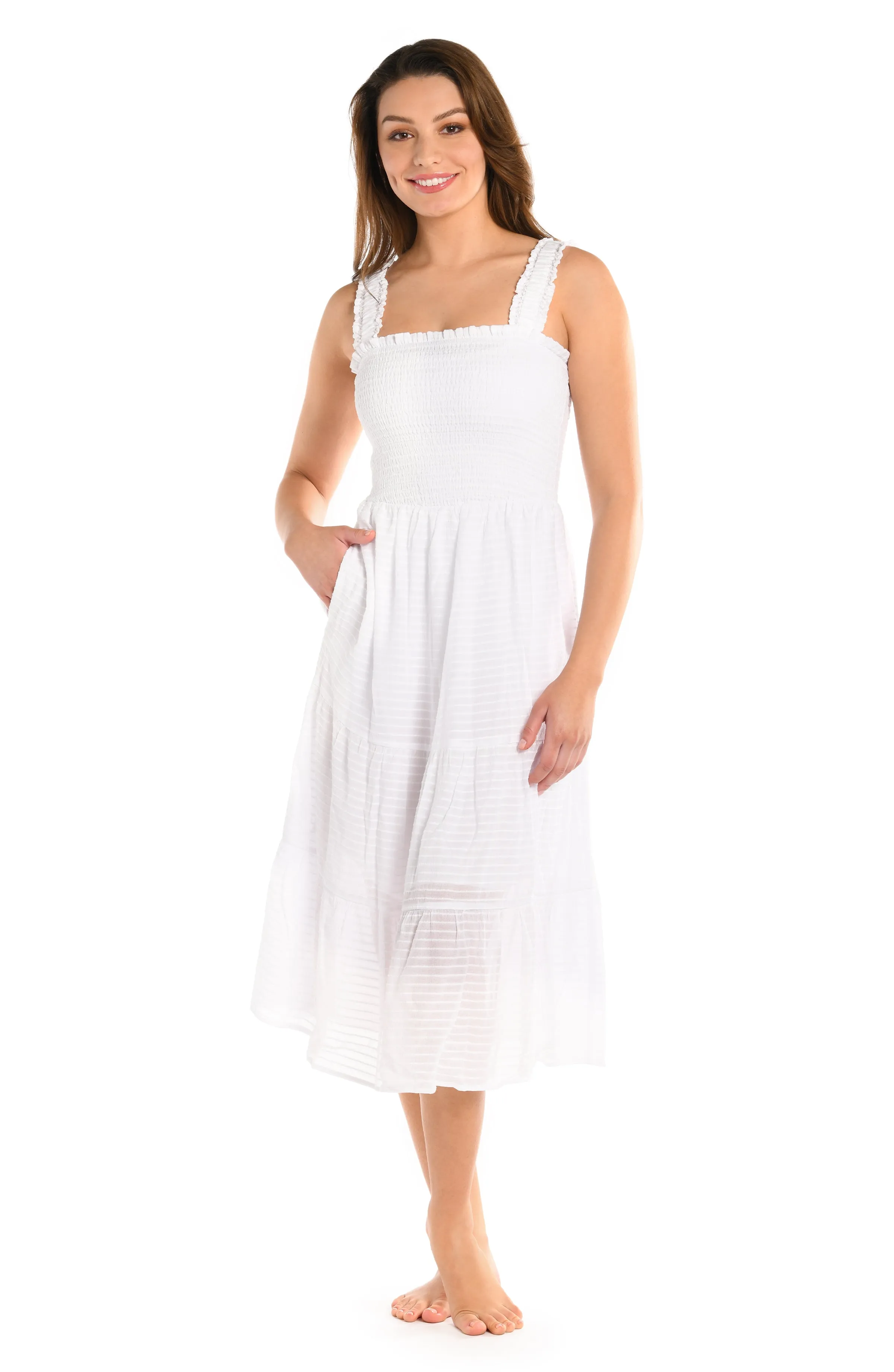 Shadow Stripe Tiered Midi Dress - White