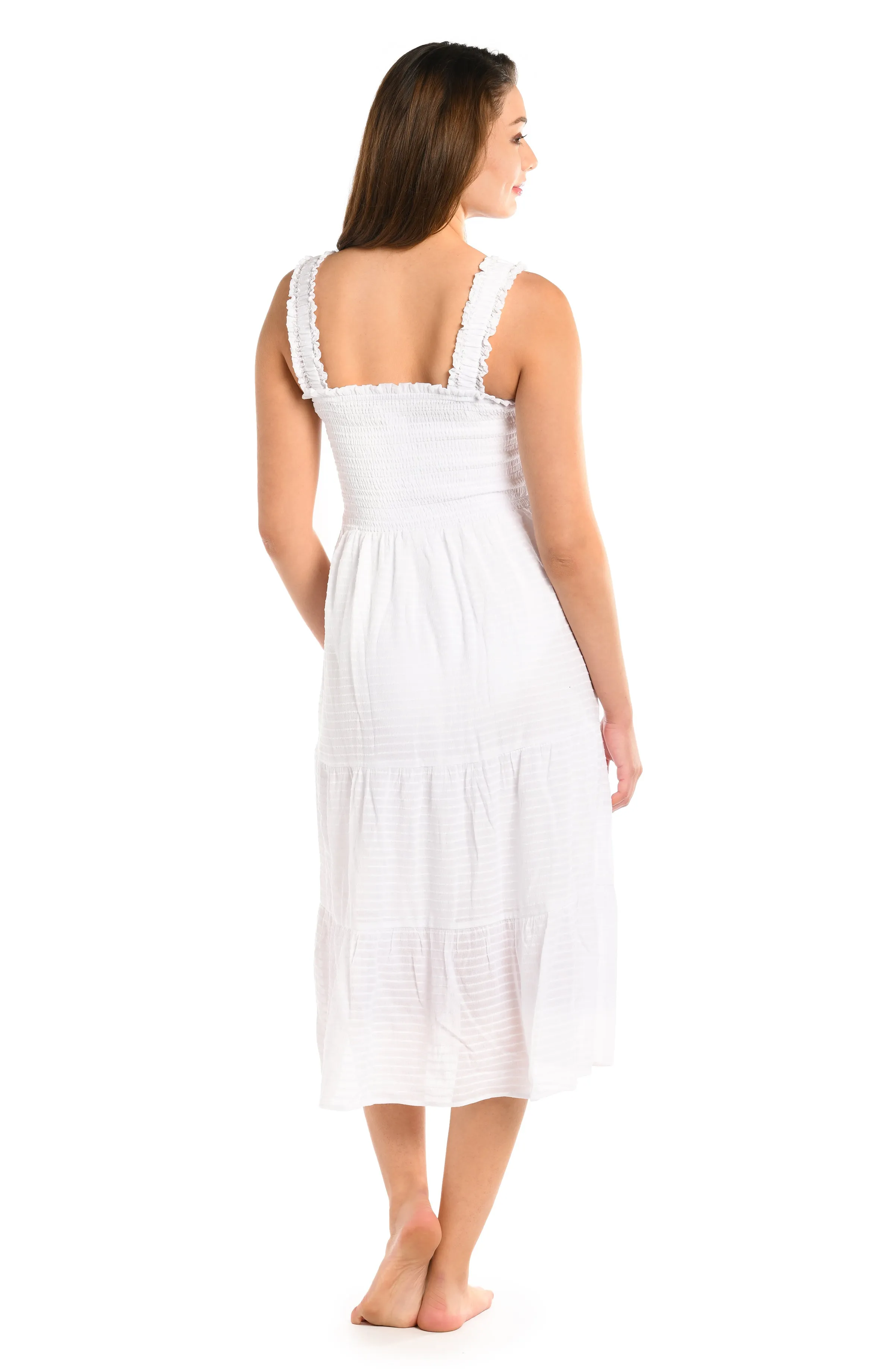 Shadow Stripe Tiered Midi Dress - White