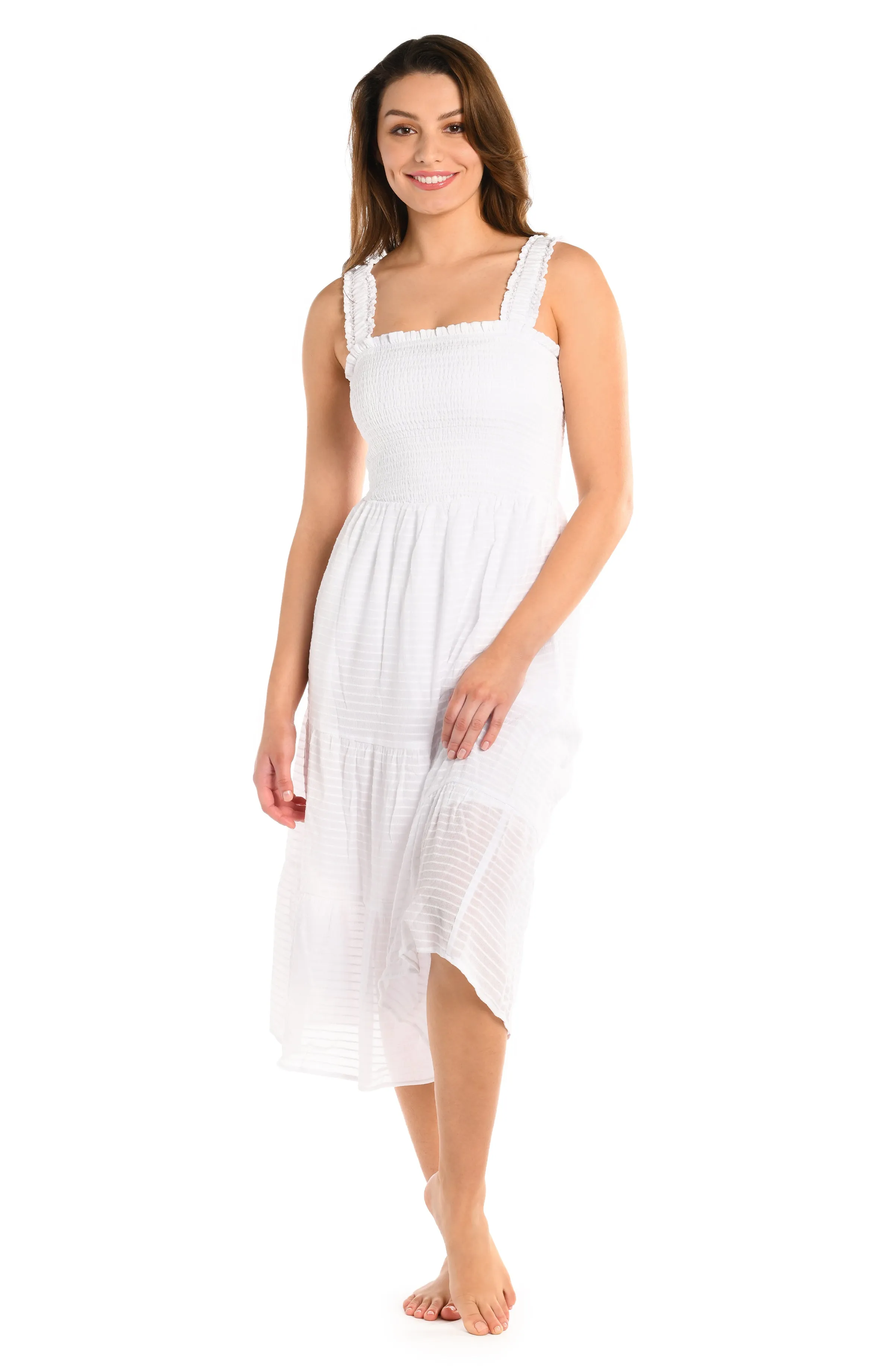 Shadow Stripe Tiered Midi Dress - White