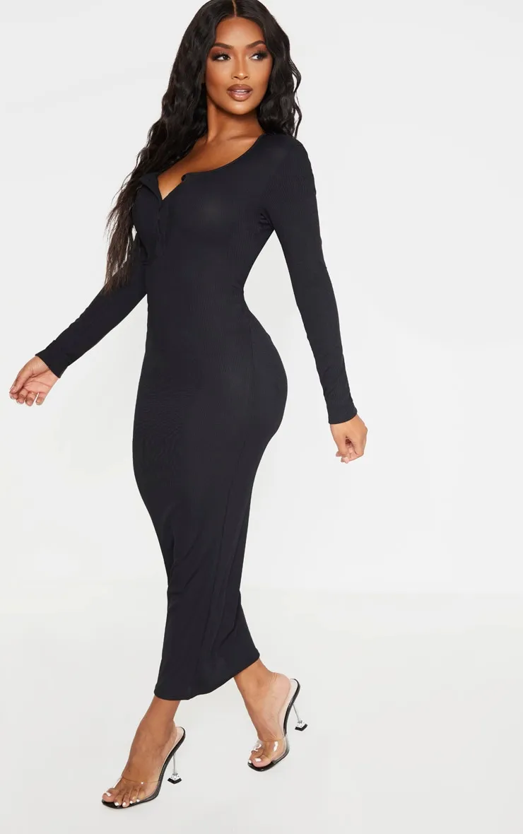 Shape Black Ribbed Button Front Long Sleeve Dress