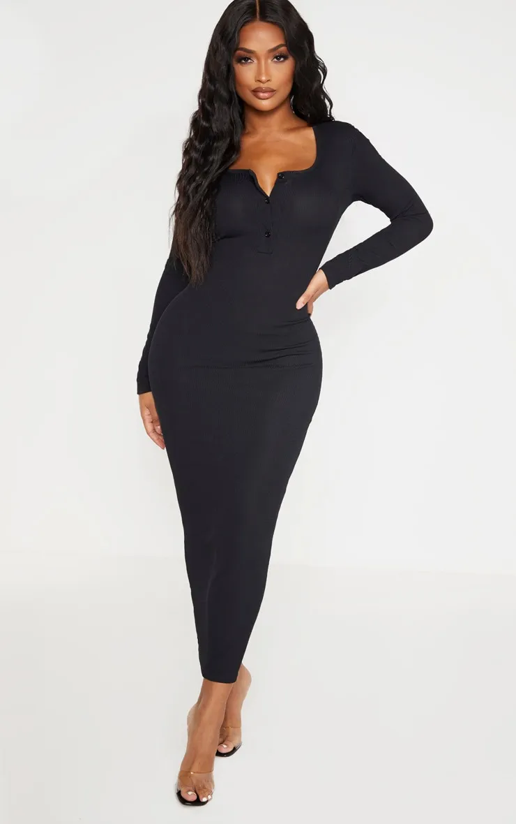 Shape Black Ribbed Button Front Long Sleeve Dress