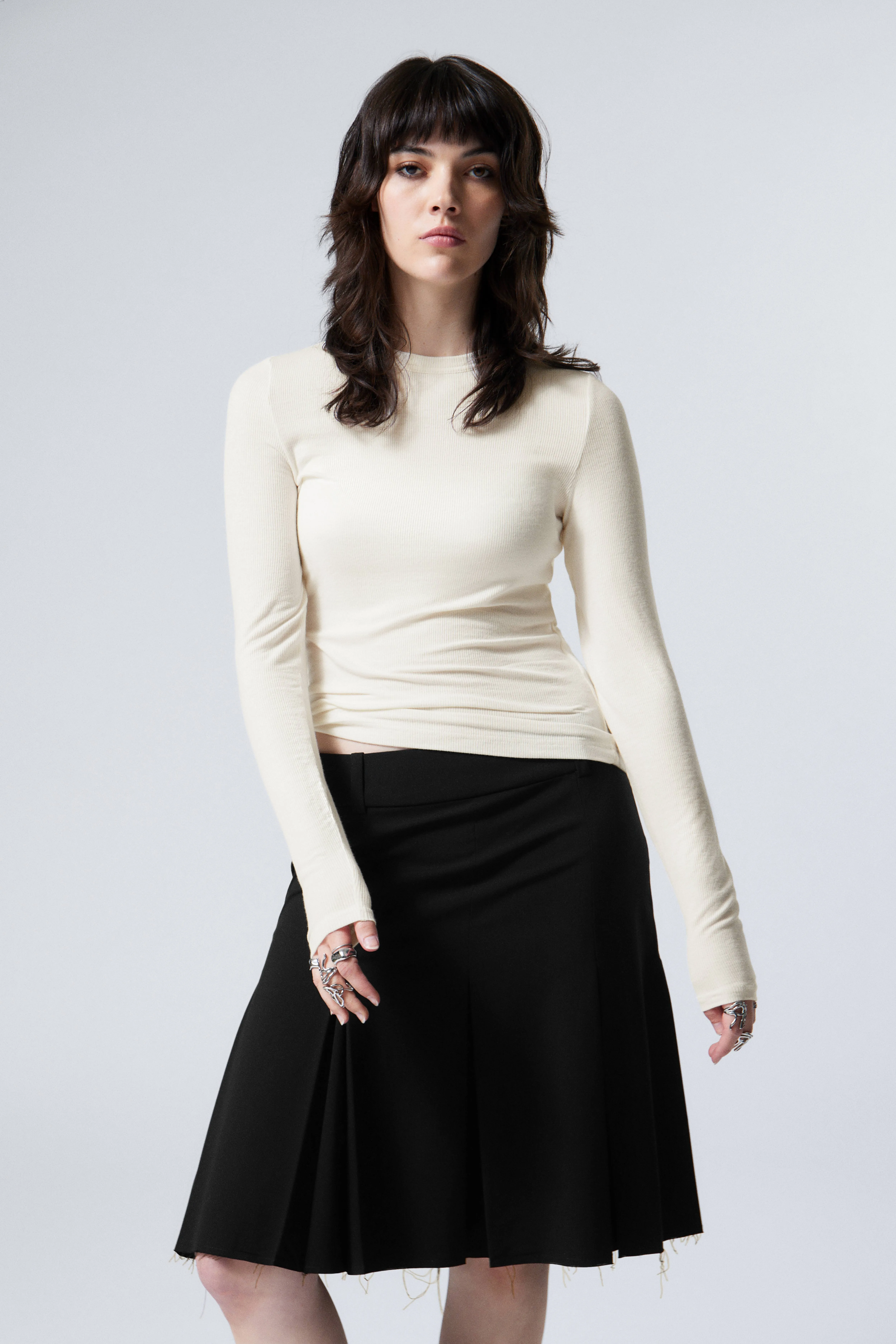 Sheer Ribbed Long Sleeve Top - Round neck - Long sleeve - White - Ladies | H&M GB