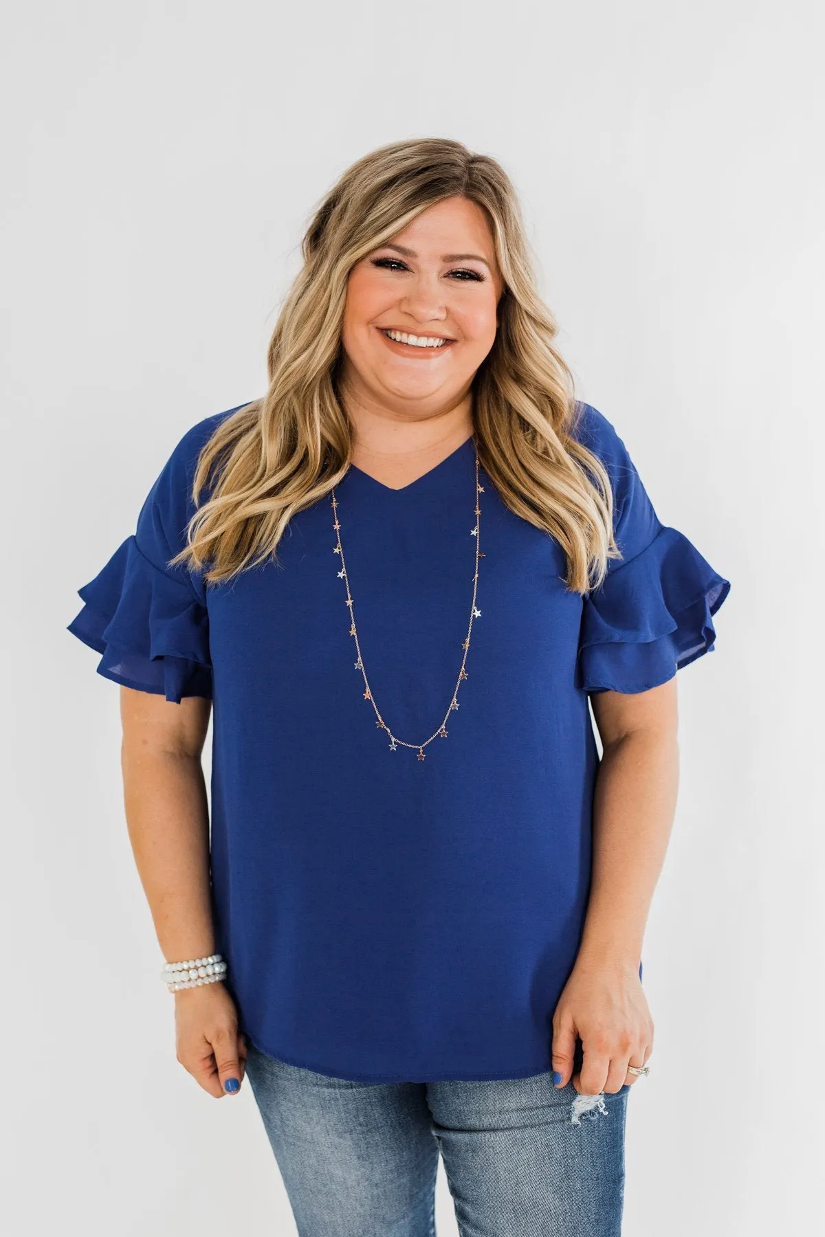 Show Me The Way Ruffle Sleeve Blouse- Royal Blue