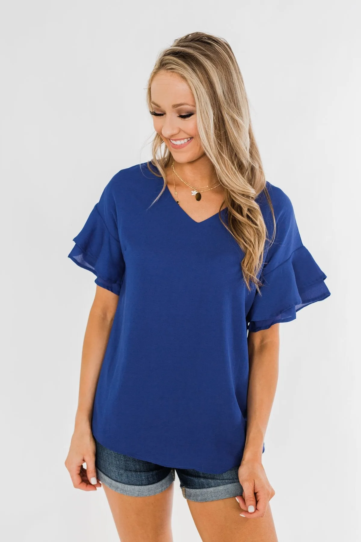 Show Me The Way Ruffle Sleeve Blouse- Royal Blue