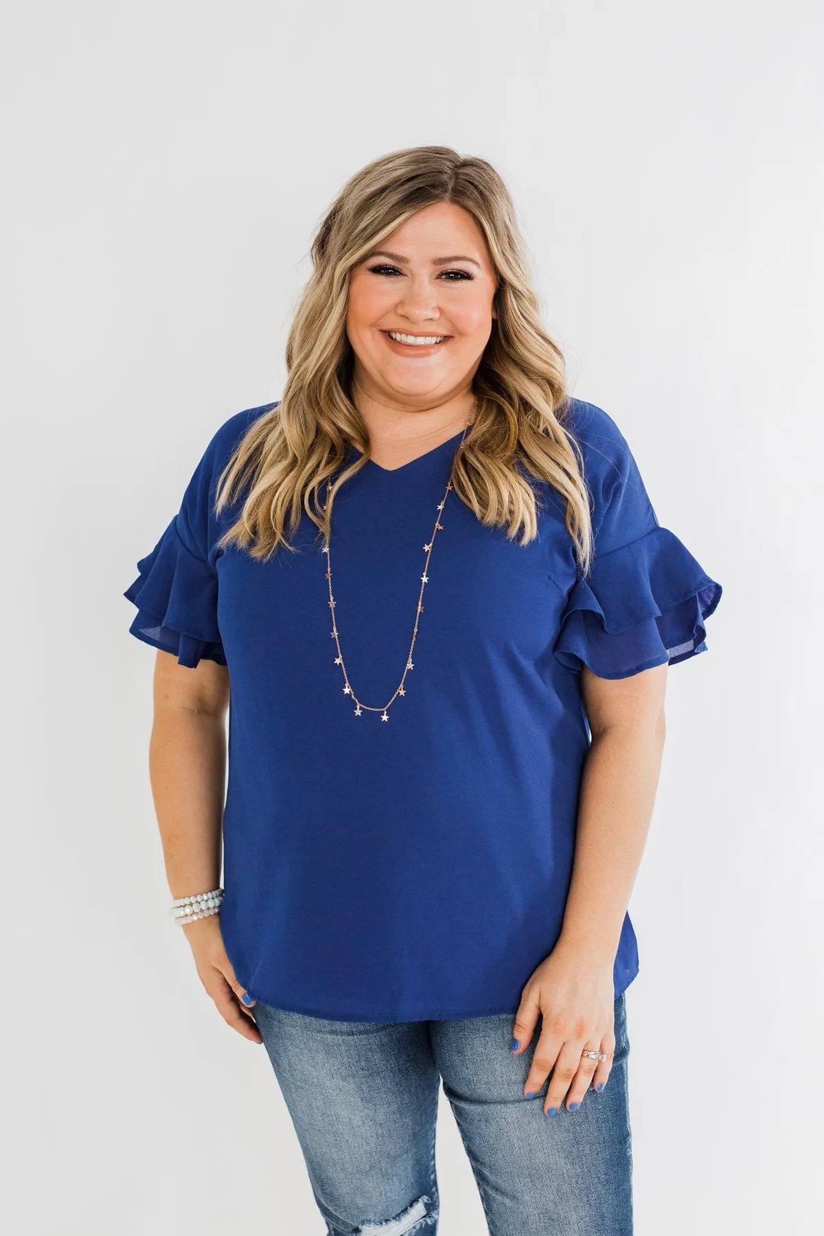 Show Me The Way Ruffle Sleeve Blouse- Royal Blue