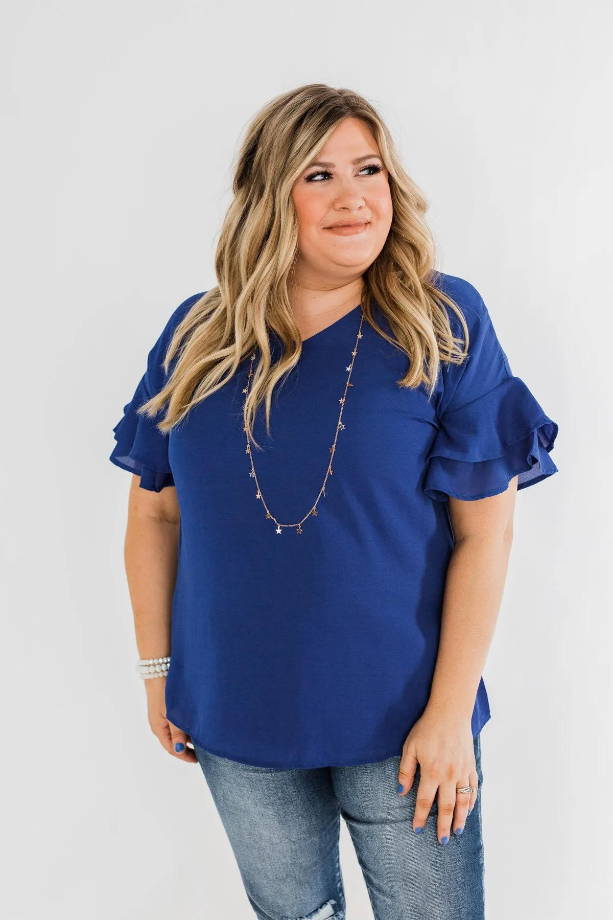 Show Me The Way Ruffle Sleeve Blouse- Royal Blue