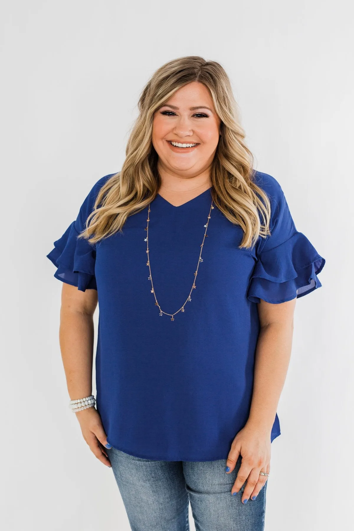 Show Me The Way Ruffle Sleeve Blouse- Royal Blue