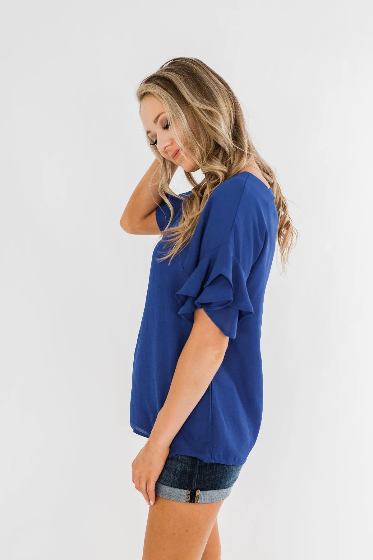 Show Me The Way Ruffle Sleeve Blouse- Royal Blue