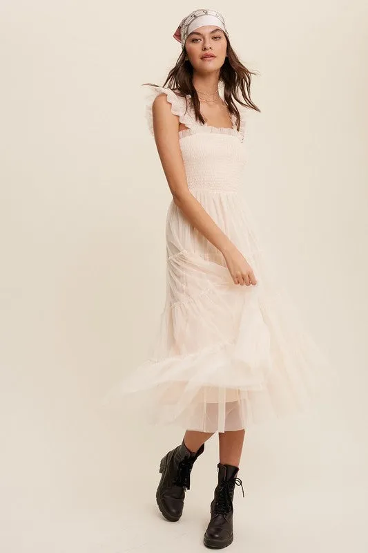 Smocked Ruffle Tiered Mesh Midi Dress