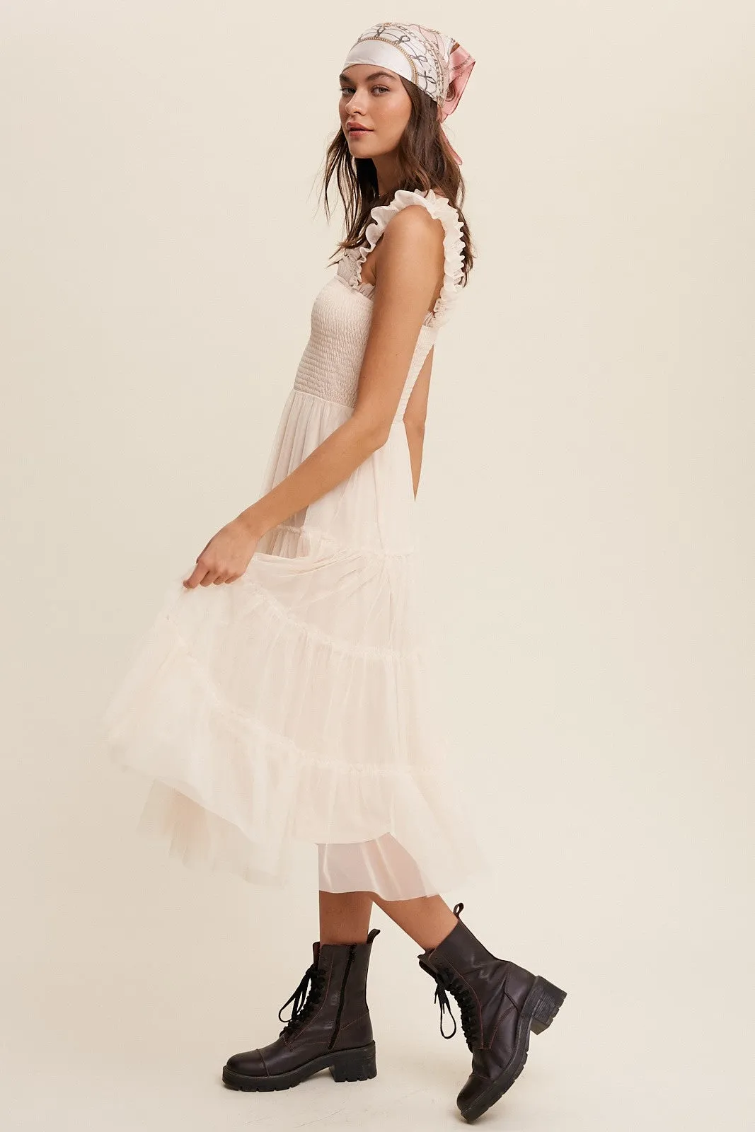 Smocked Ruffle Tiered Mesh Midi Dress