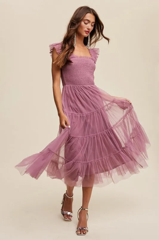 Smocked Ruffle Tiered Mesh Midi Dress