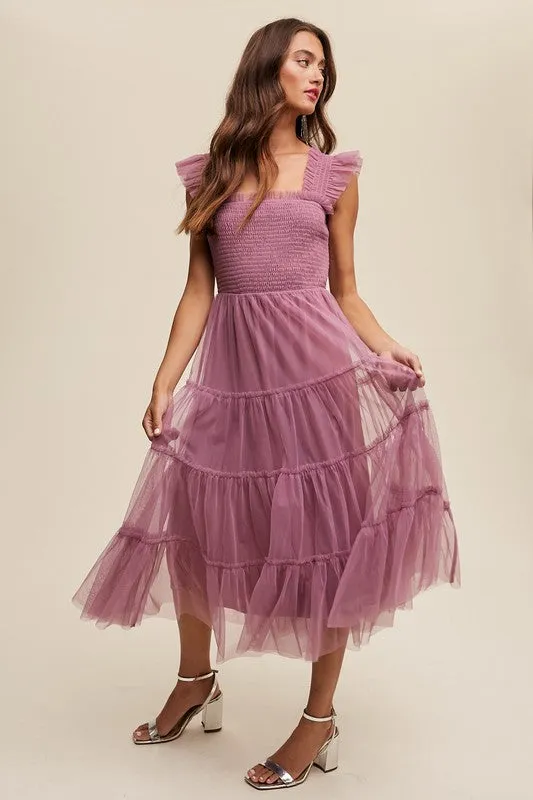 Smocked Ruffle Tiered Mesh Midi Dress