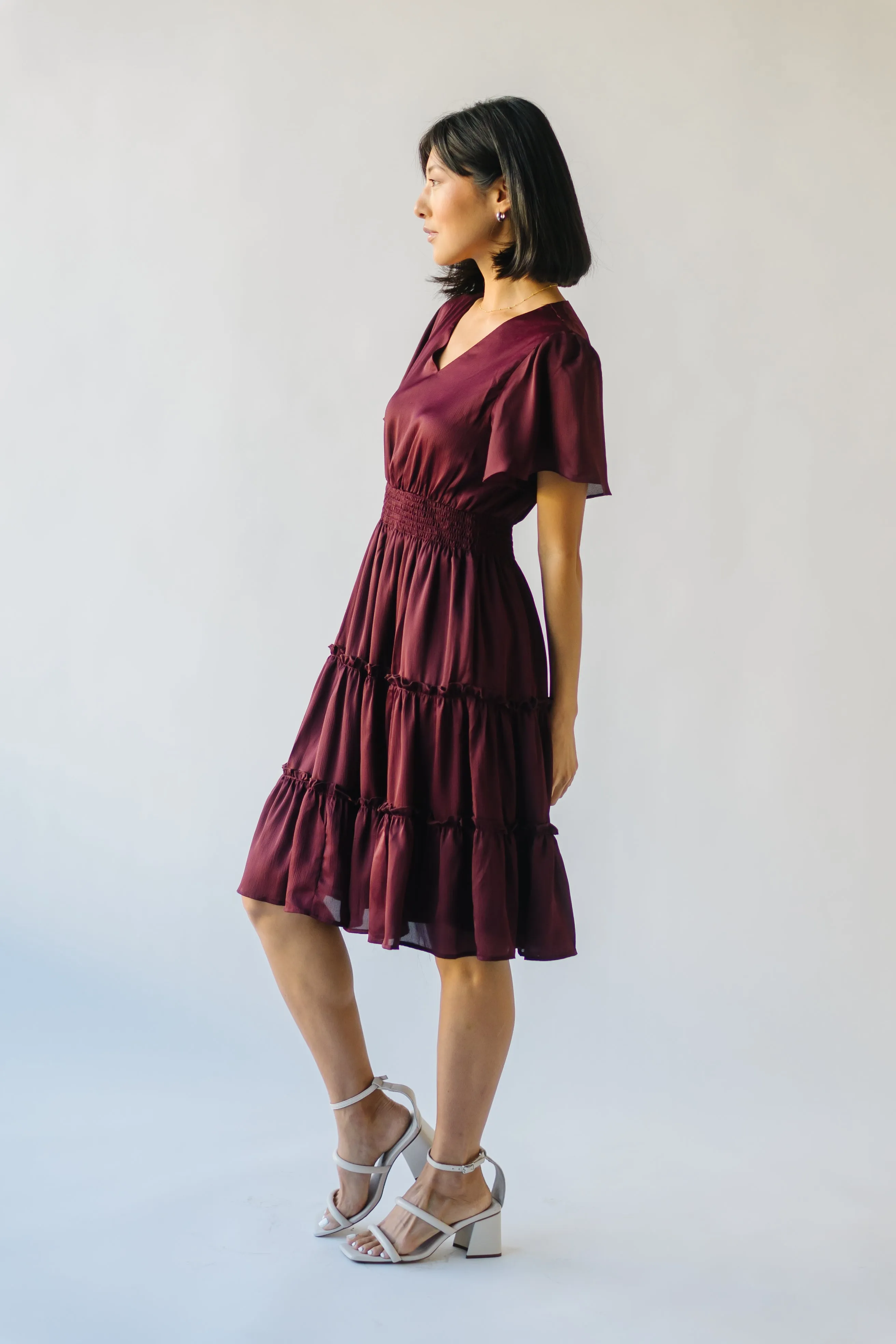 The Bicknell Tiered Midi Dress in Burgundy