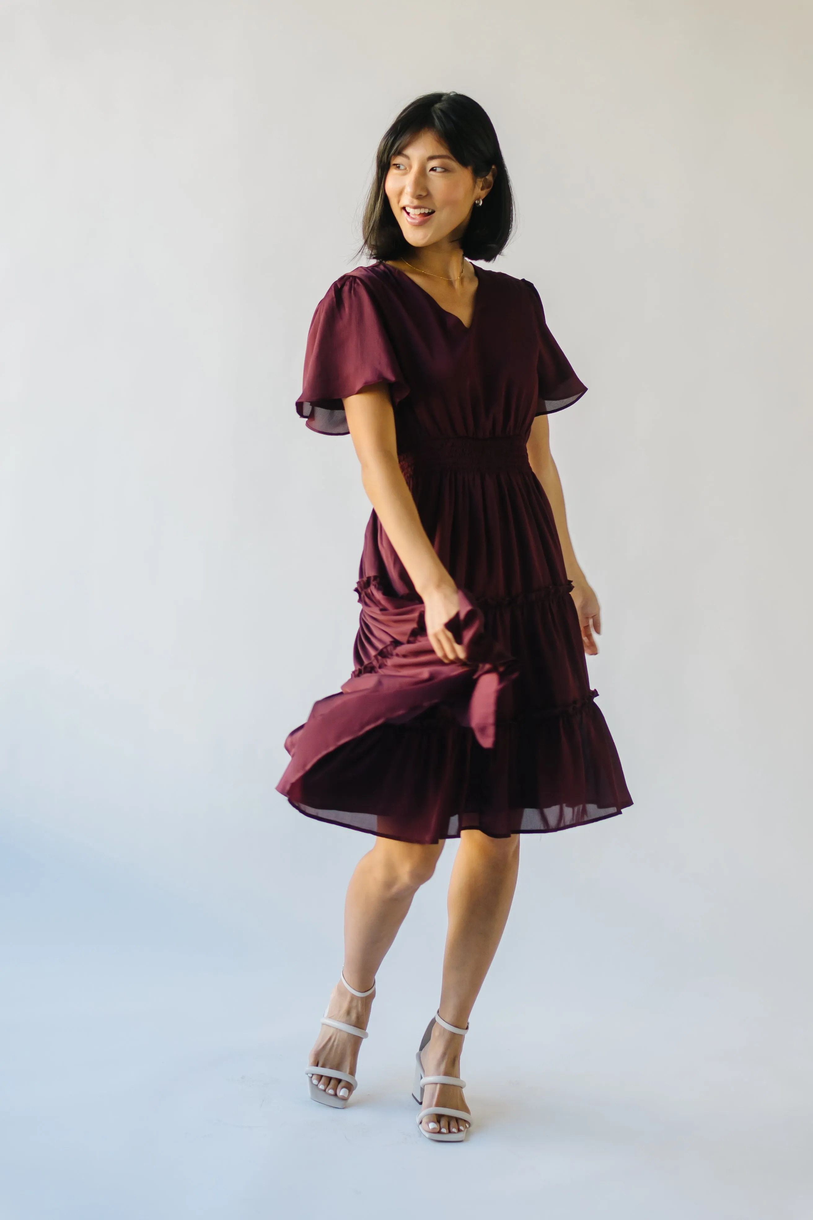 The Bicknell Tiered Midi Dress in Burgundy