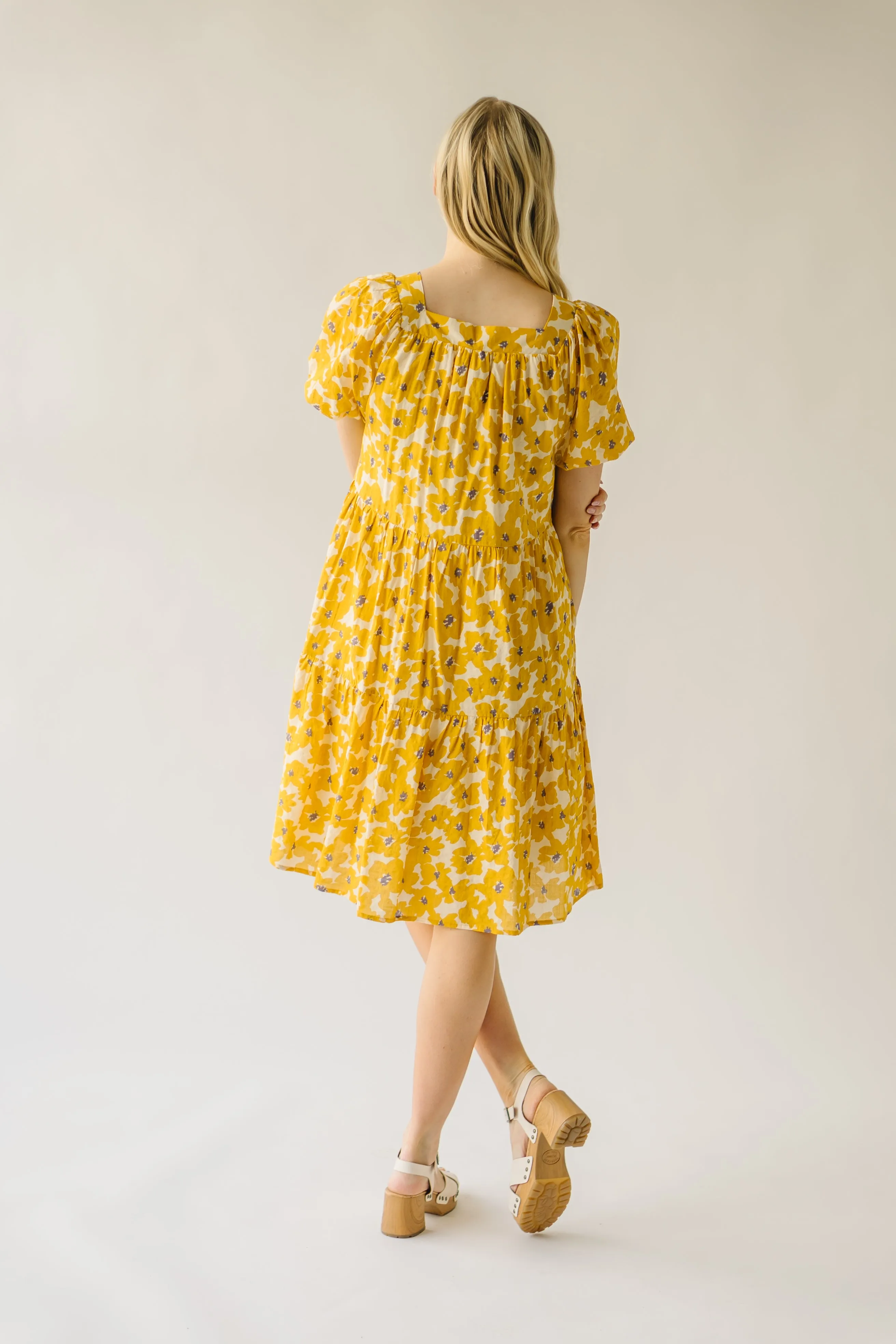 The Burwell Tiered Midi Dress in Mustard Floral