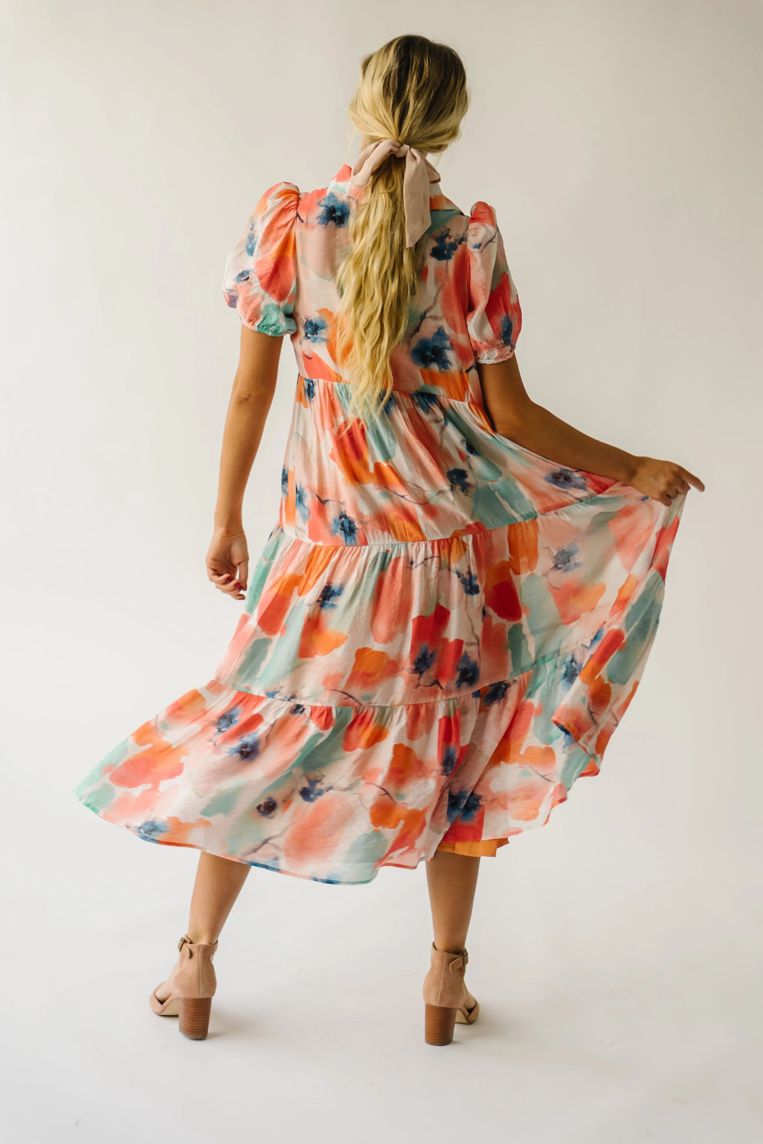 The Slaton Watercolor Tiered Midi Dress in Pink + Green Multi