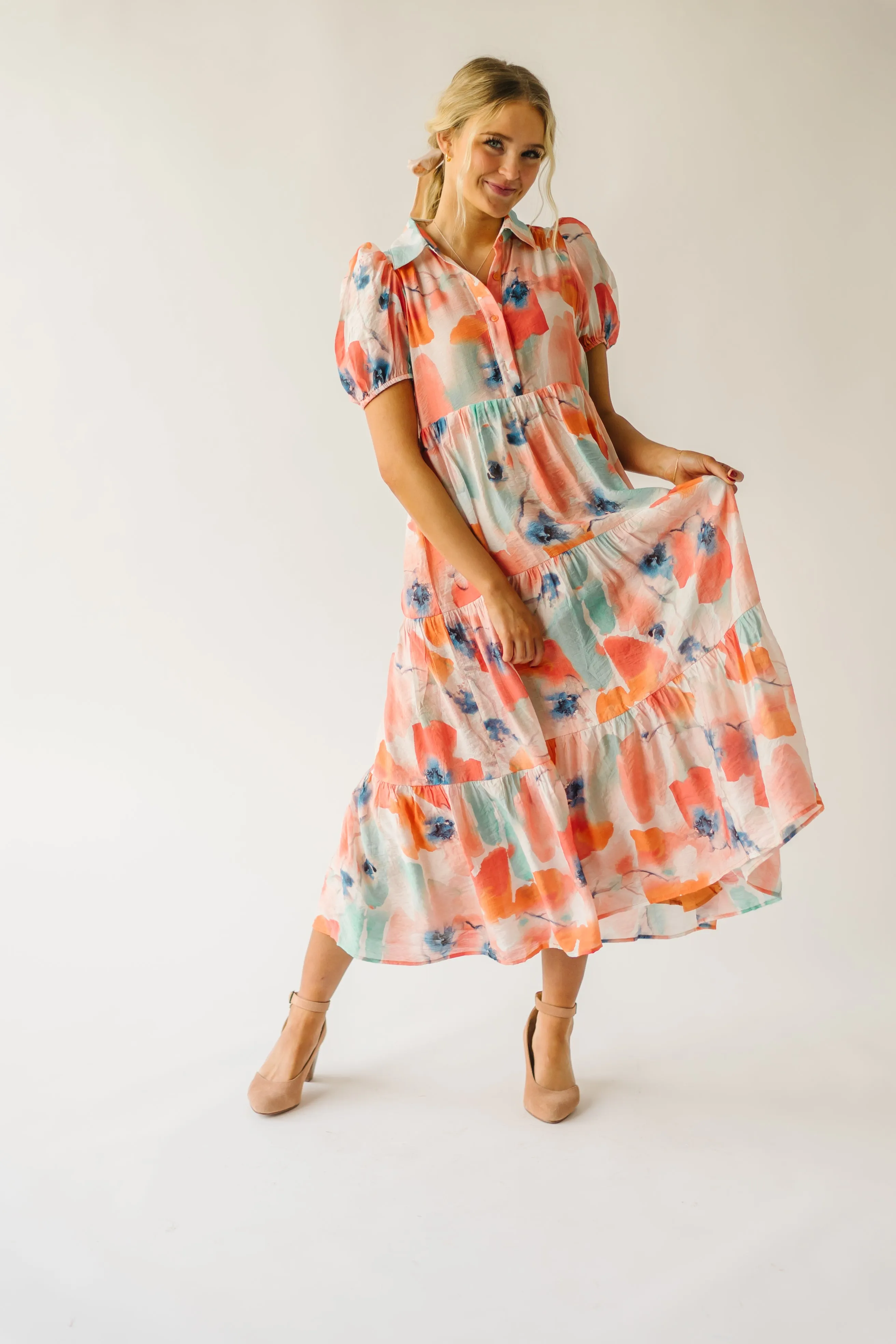 The Slaton Watercolor Tiered Midi Dress in Pink + Green Multi