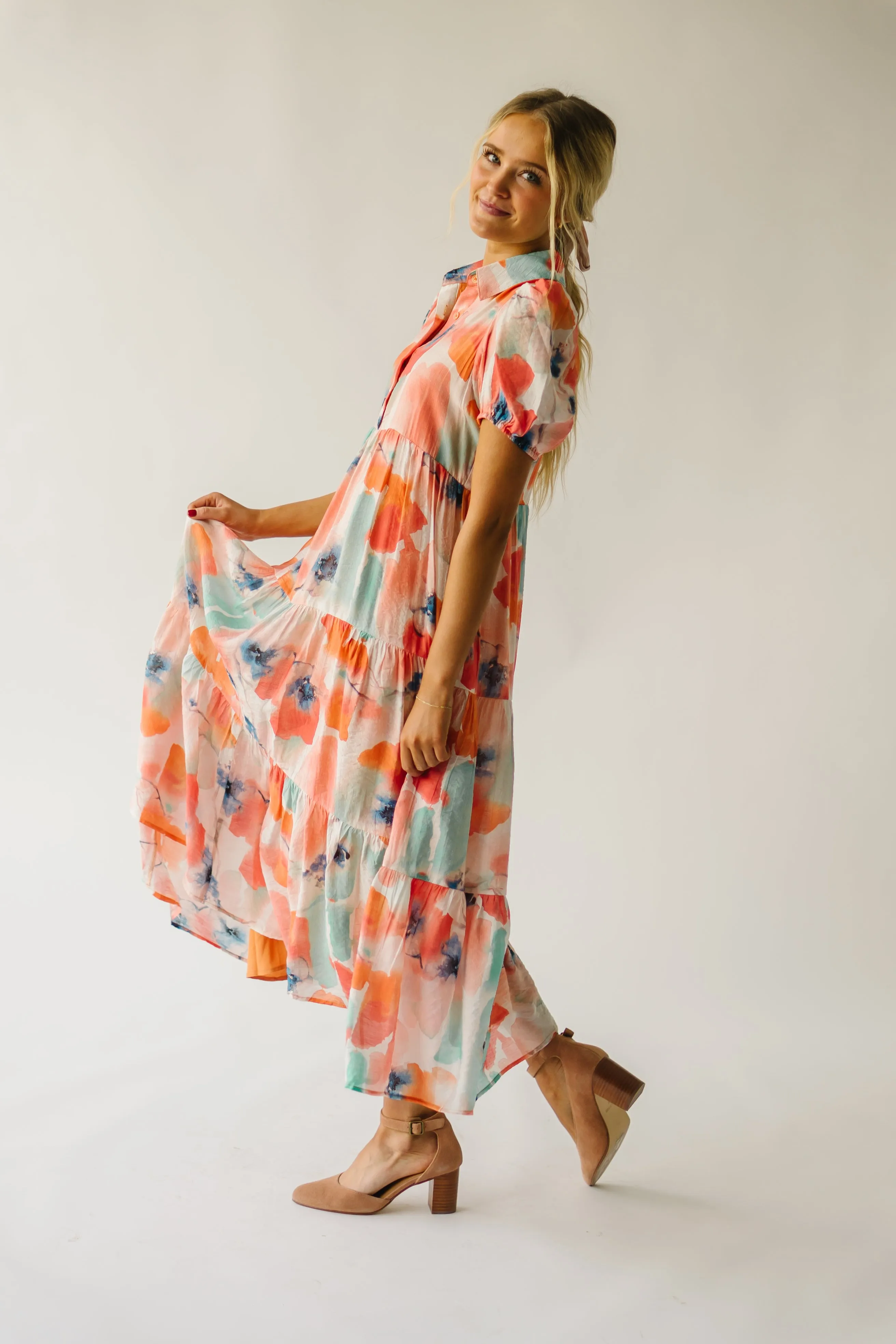 The Slaton Watercolor Tiered Midi Dress in Pink + Green Multi