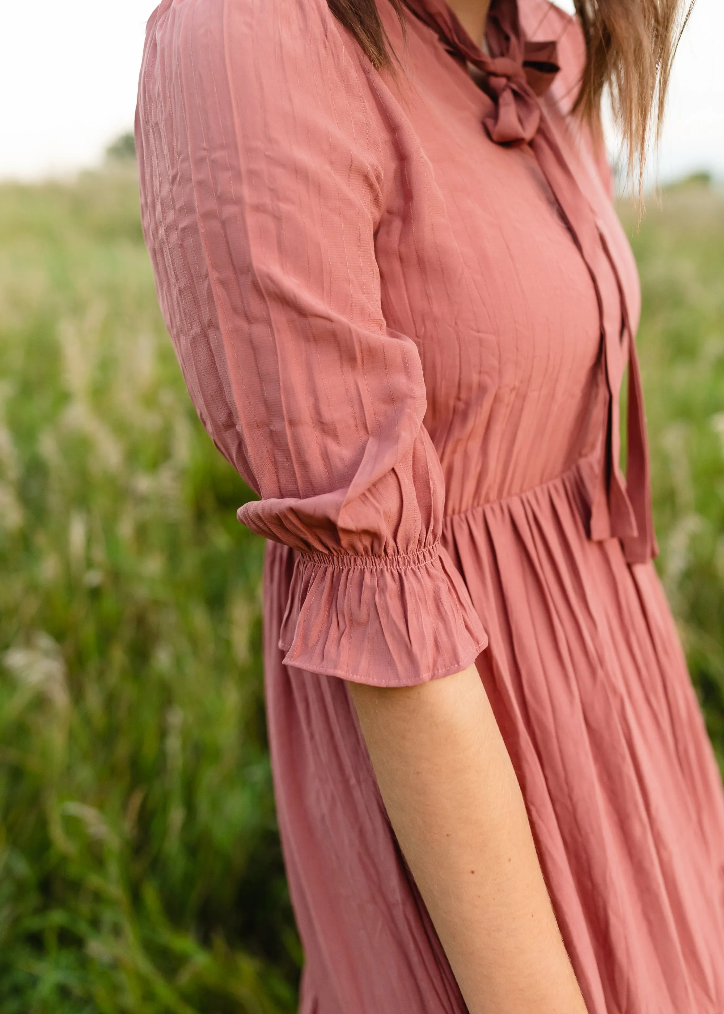 Tie Neck Mauve Tiered Midi Dress - FINAL SALE