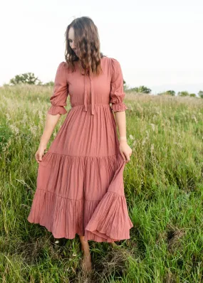 Tie Neck Mauve Tiered Midi Dress - FINAL SALE