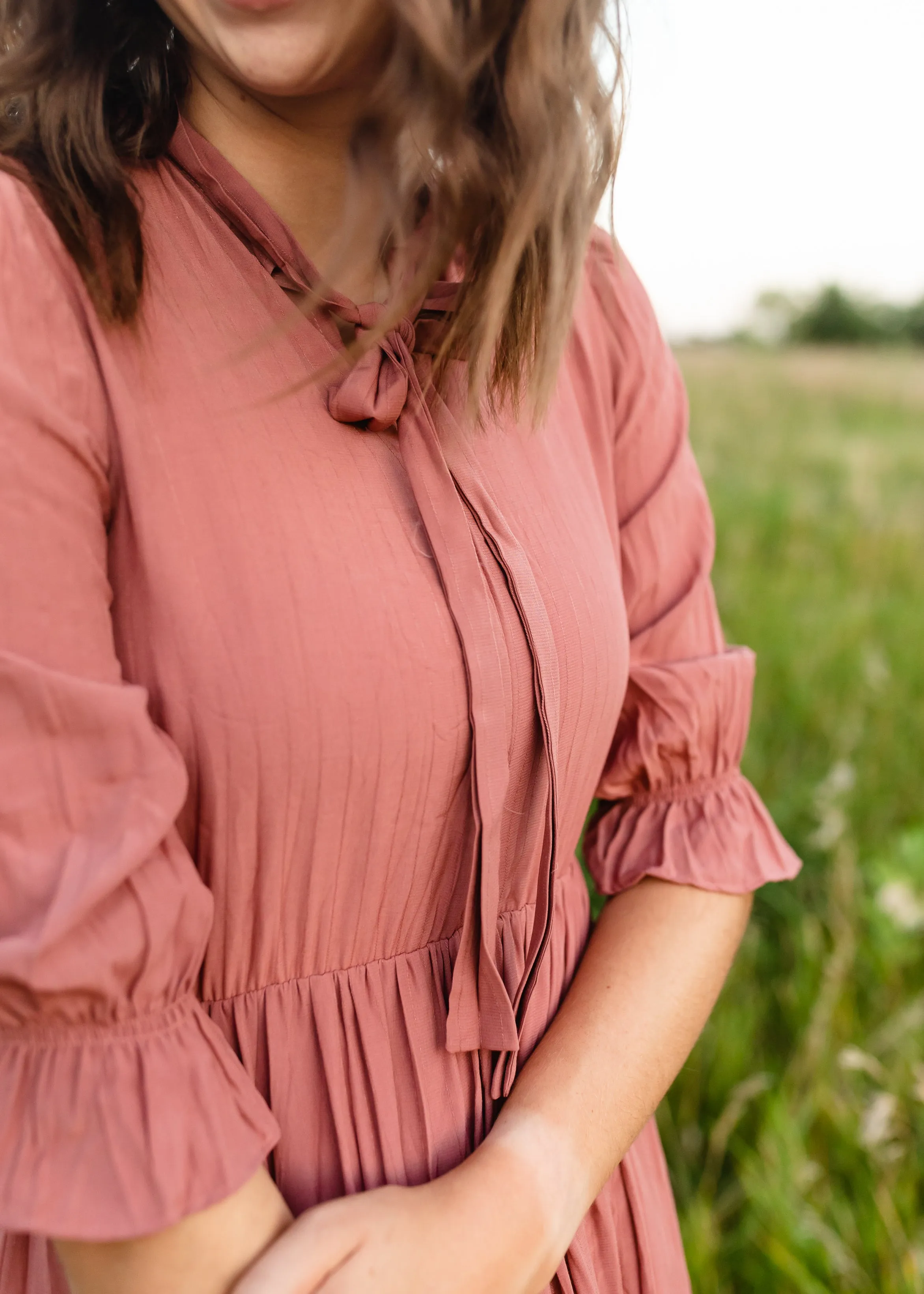 Tie Neck Mauve Tiered Midi Dress - FINAL SALE