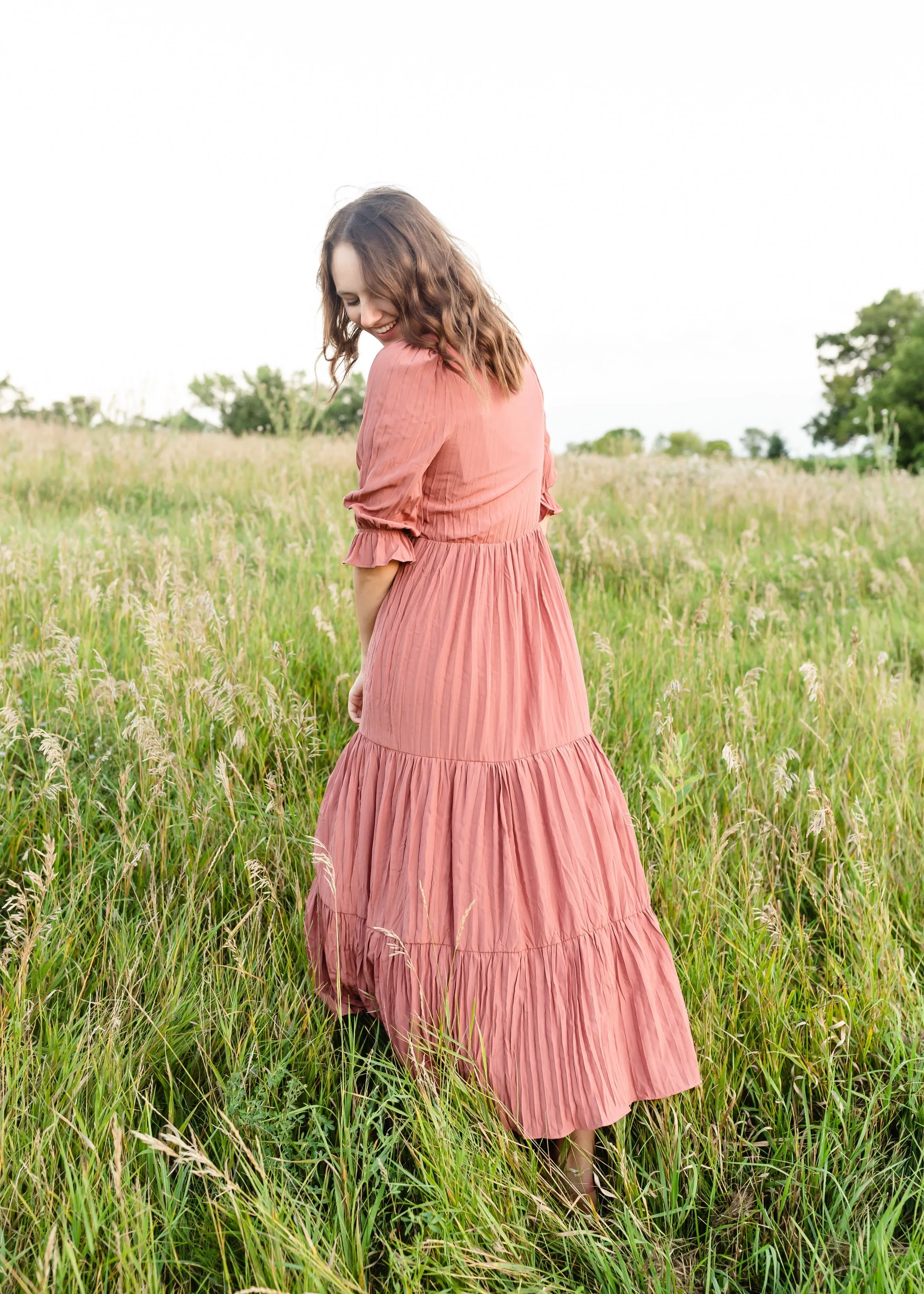 Tie Neck Mauve Tiered Midi Dress - FINAL SALE