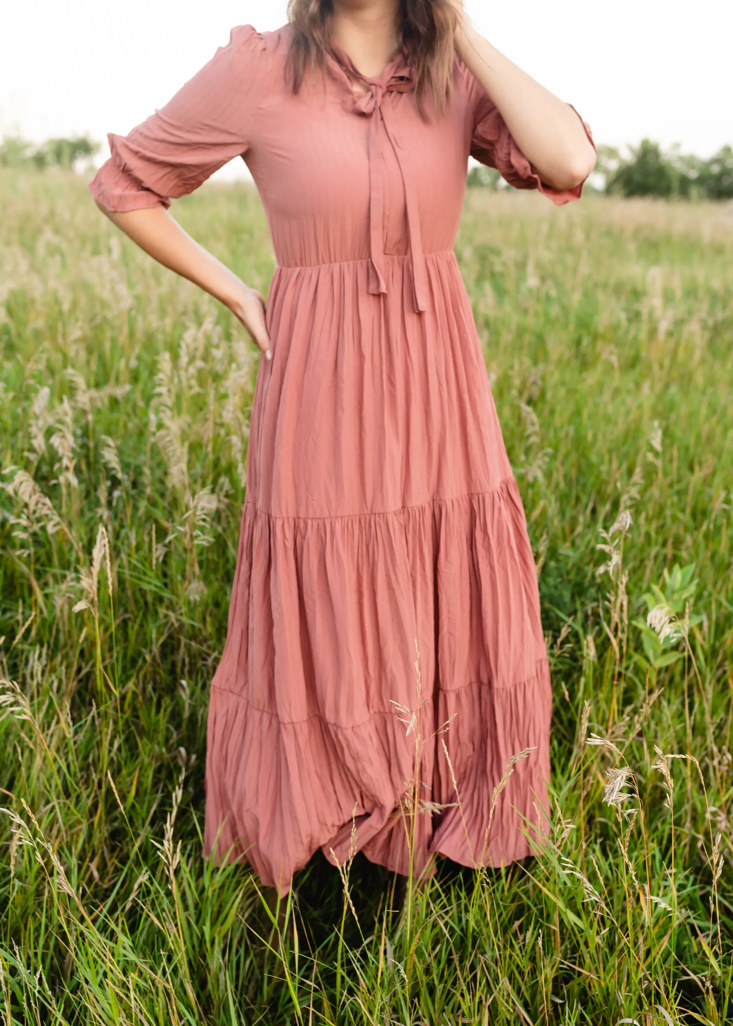 Tie Neck Mauve Tiered Midi Dress - FINAL SALE