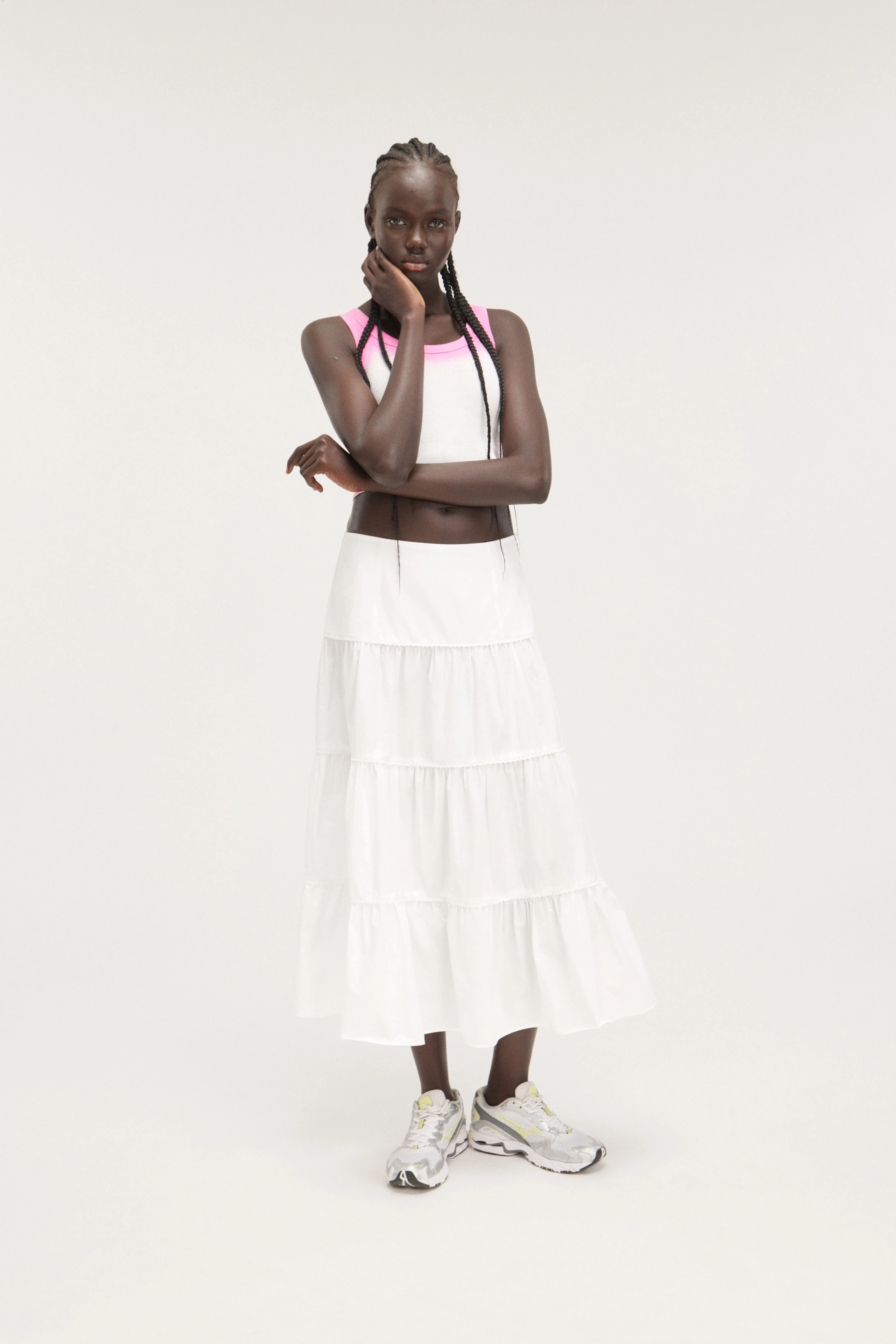 Tiered Midi Poplin Skirt - Low waist - Midi - White - Ladies | H&M GB