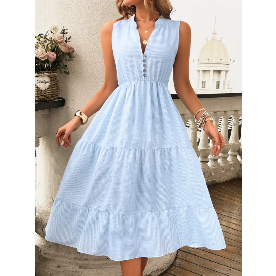 Tiered Notched Sleeveless Midi Dress