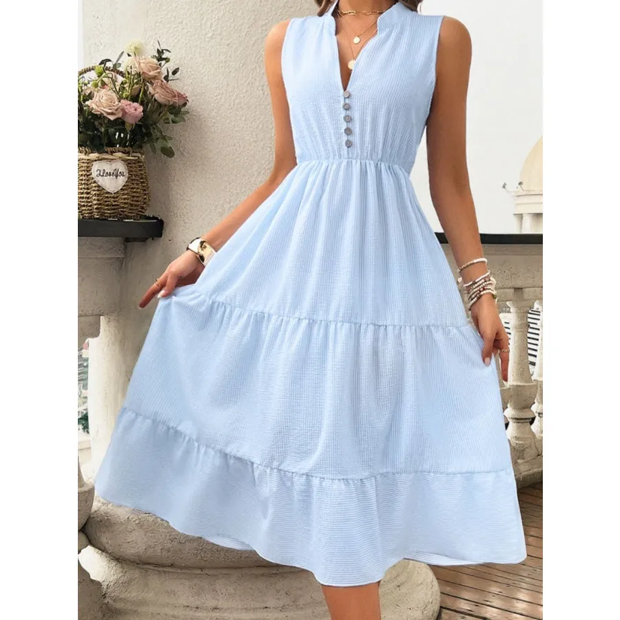 Tiered Notched Sleeveless Midi Dress