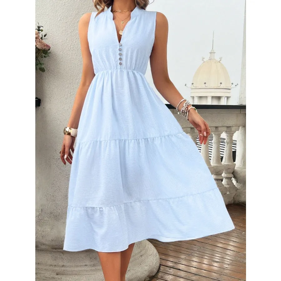 Tiered Notched Sleeveless Midi Dress