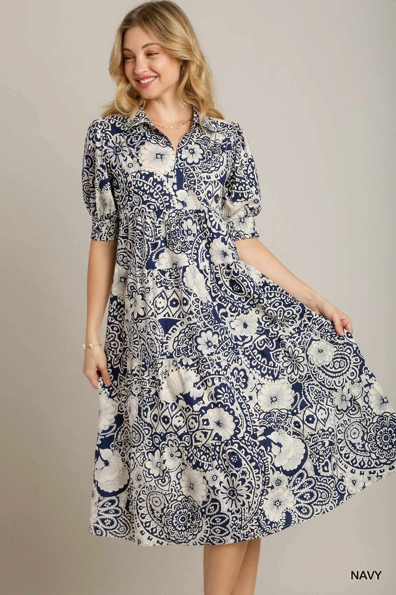 Umgee Paisley Dress in Navy